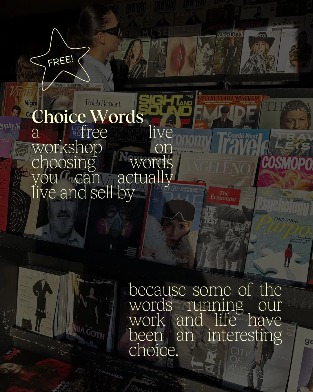 𓇼 FREE LIVE WORKSHOP 𓇼

Most messaging problems aren&rsquo;t just messaging problems.

They&rsquo;re usually a &lsquo;who-do-I-think-I&rsquo;m-allowed-to-be?&rsquo; problem.

Because the way you show up in your work is usually the way you show up e