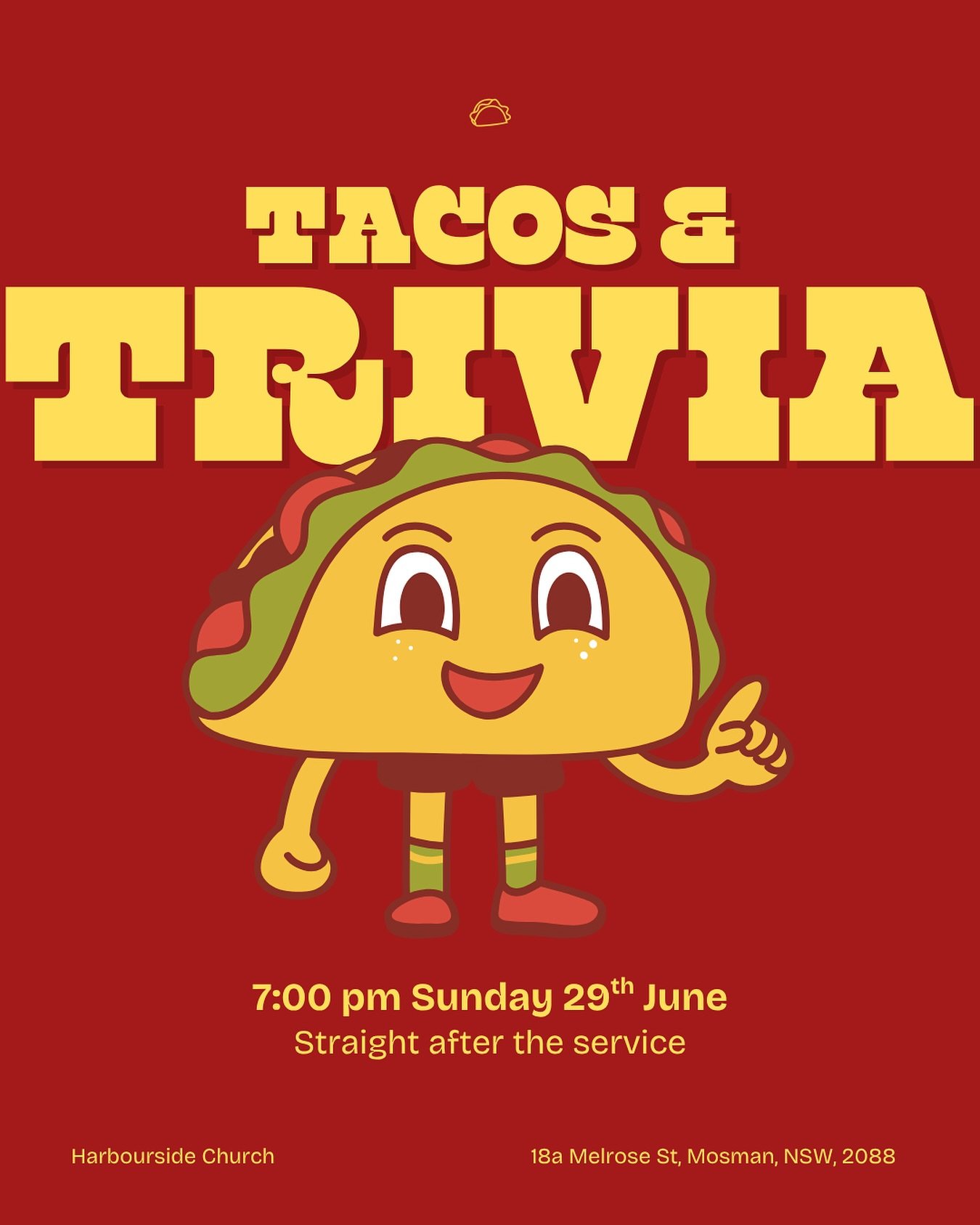 Our first night church event is coming up!

Join us Sunday 29 June for our 5.30 service, and then hang around afterwards for tacos and trivia 🌮🌮🌮

Harbourside Church
18a Melrose Street, Mosman