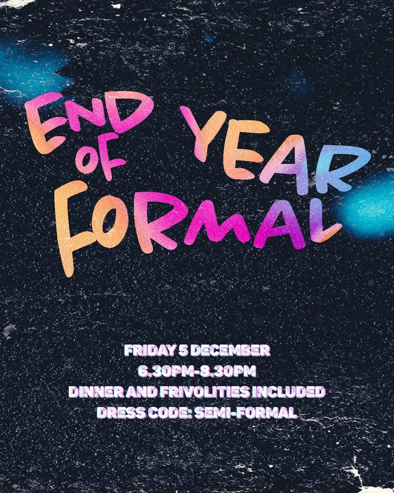 Our first annual Harbourside Youth END OF YEAR FORMAL!

Friday 5 December
6.30pm-8.30pm
Dinner and frivolities included
Dress code: semi-formal