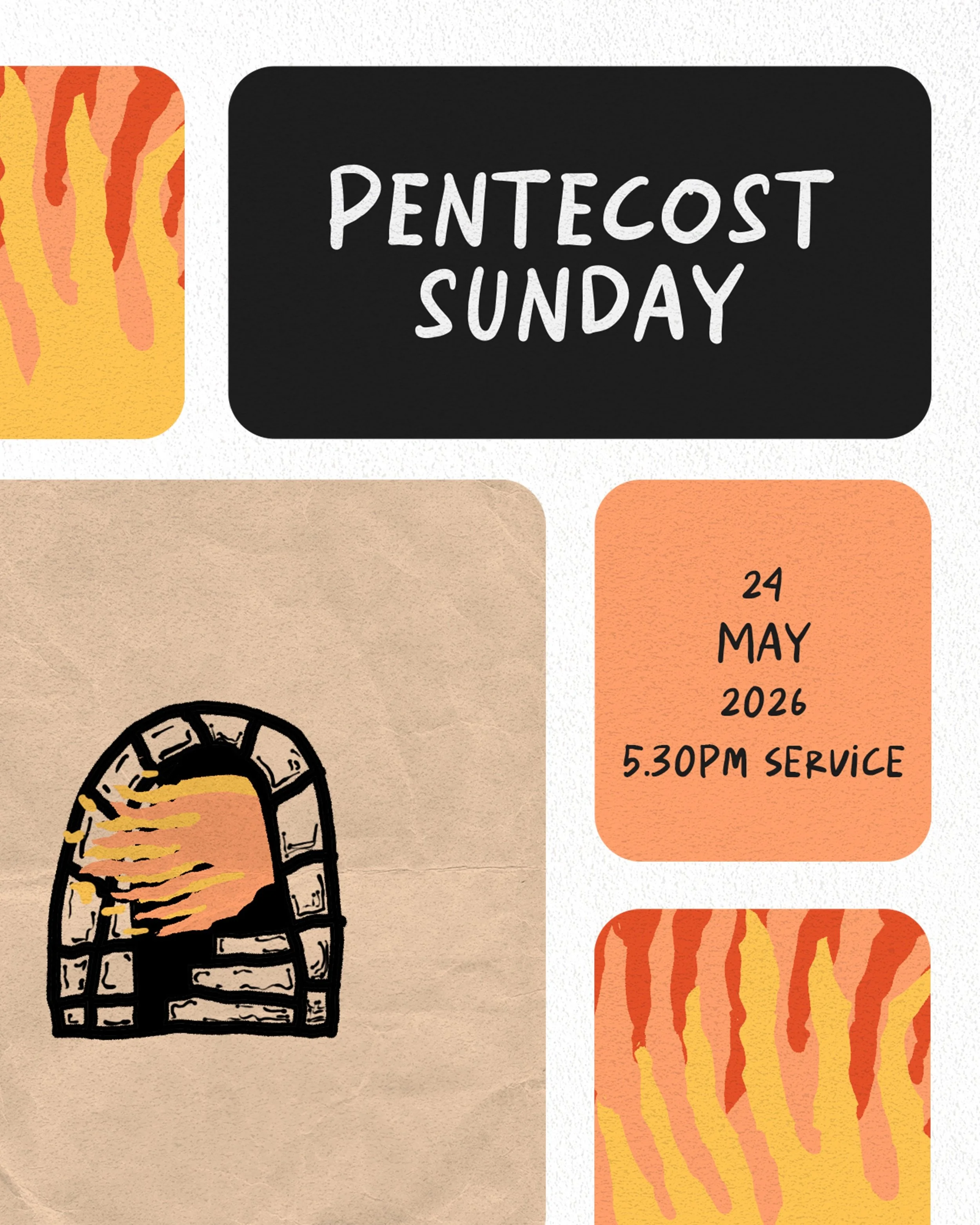 Sunday 24 May 2026 marks 2 important dates for our church; Pentecost and one year since we launched our 5.30pm service. 

In the church&rsquo;s calendar, we acknowledge Pentecost Sunday for when God sent his Holy Spirit on his followers, empowering t