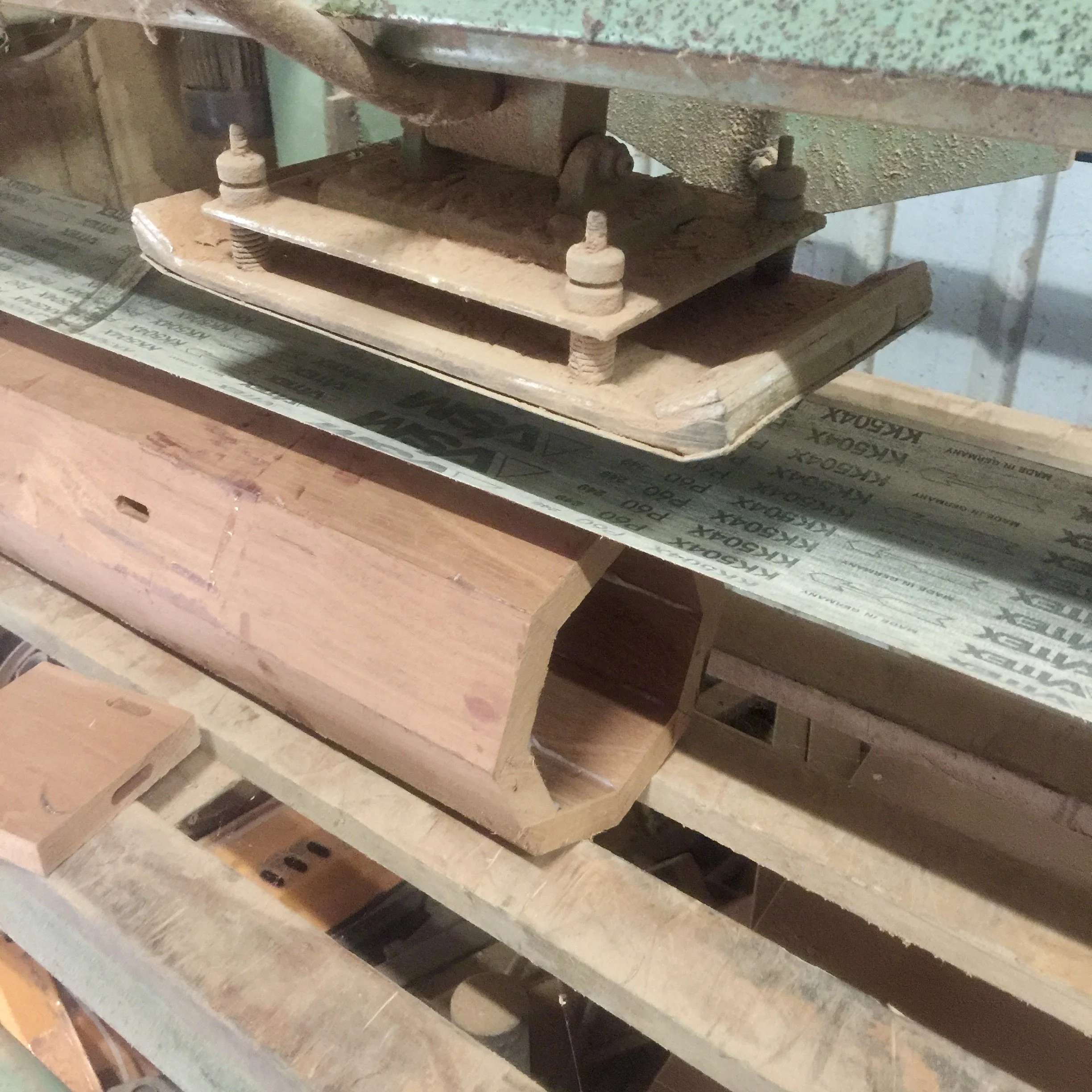 Coopered red cedar leg blank in octagonal cross section with mortise cut into flat staves before final rounding, by Ross Annels