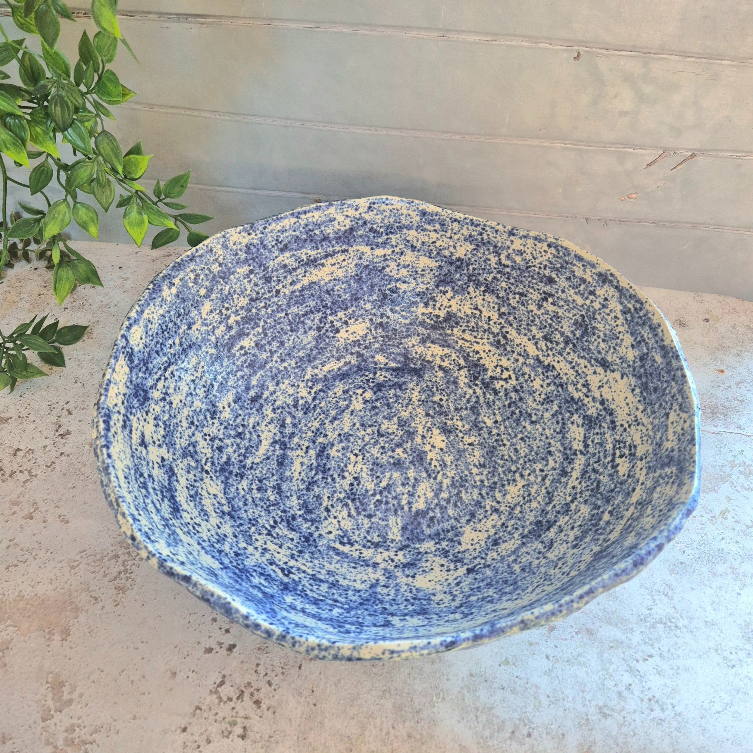Large serving bowl, splatterware bowl, large centrepiece bowl, fruit bowl, Blue and white speckled bowl, Jenny Hopps Pottery