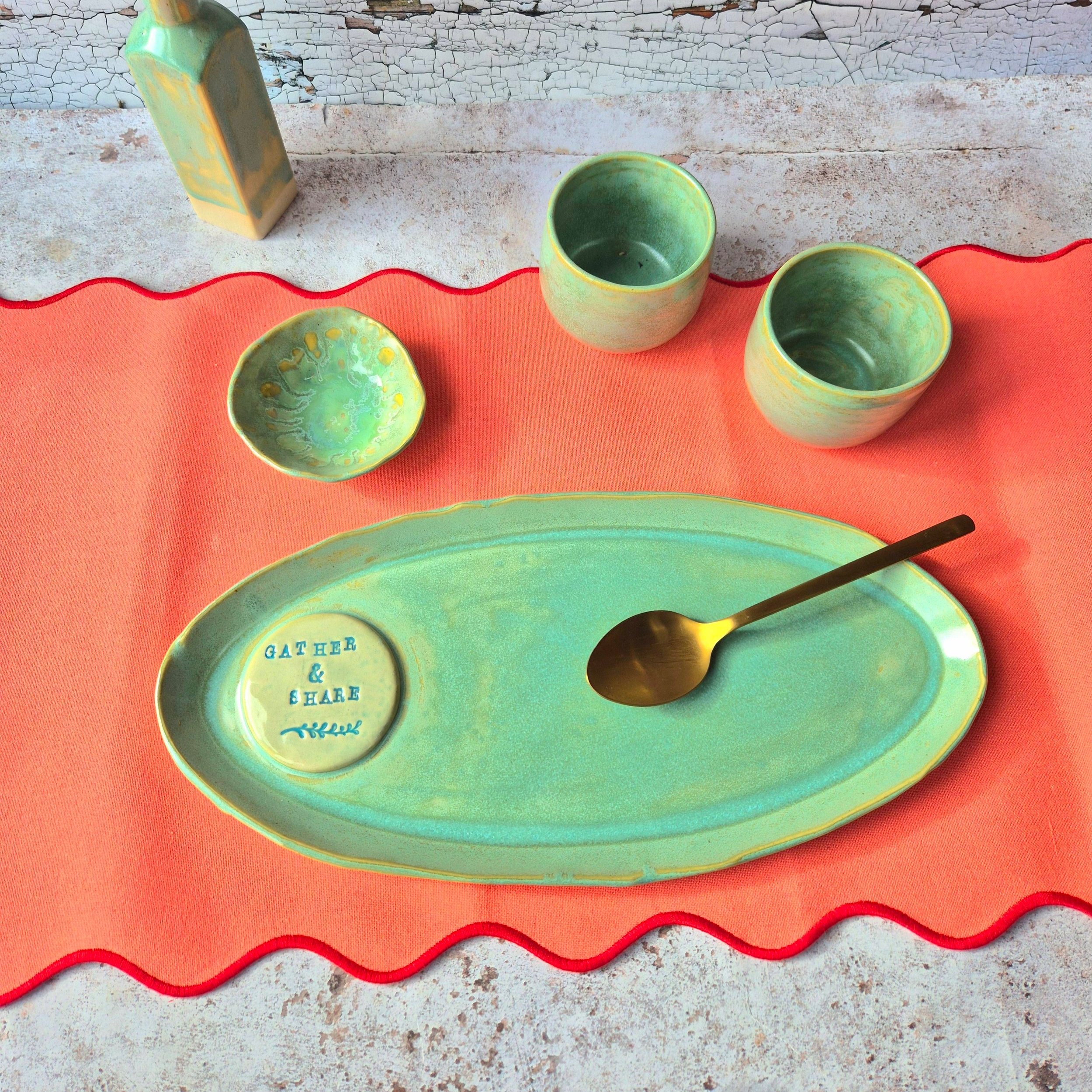 Large ceramic platter, decorative ceramic platter with Gather and Share motif, turquoise, green, aqua, Ceramic gift, pottery gift, serving platter, Jenny Hopps Pottery