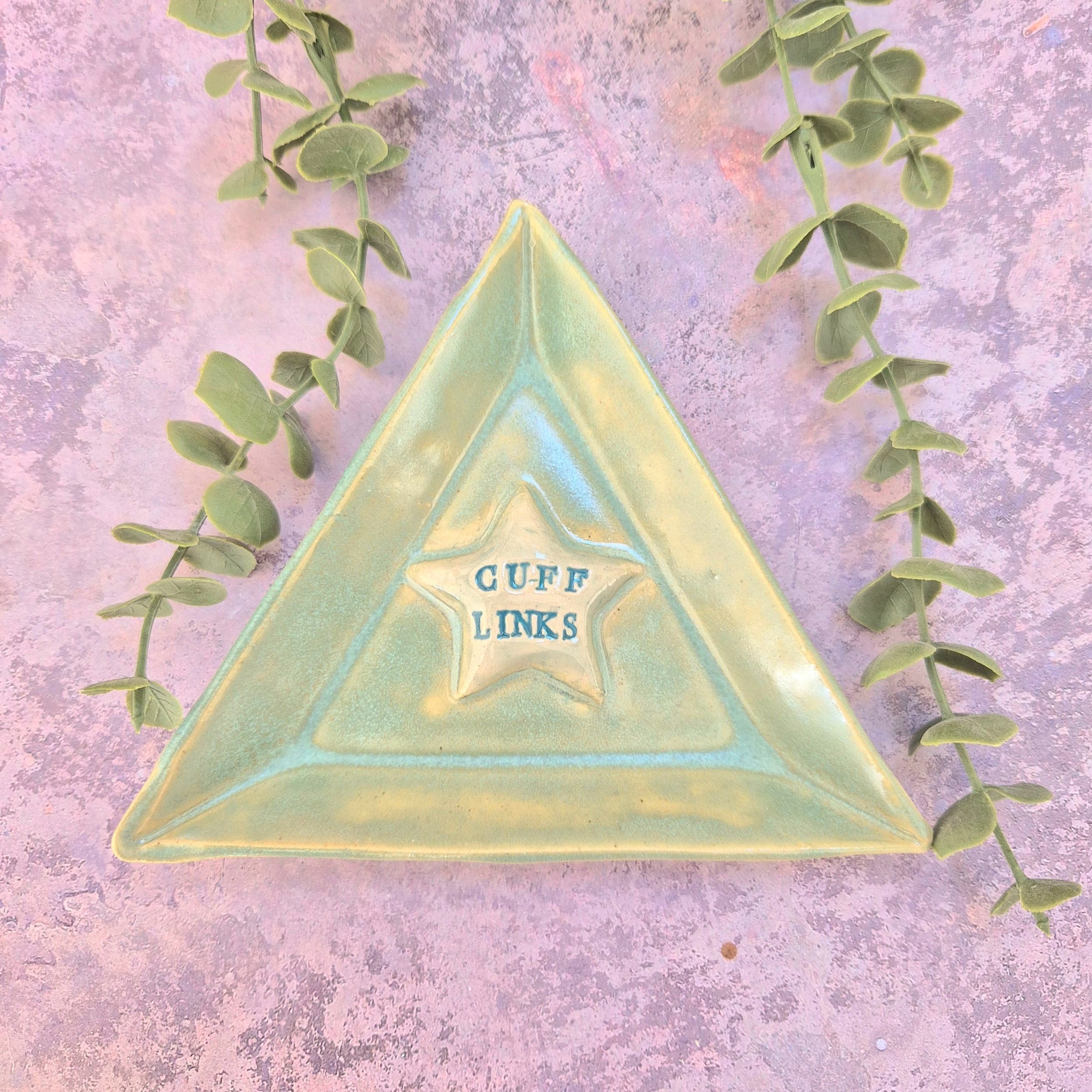 cufflink dish, trinket dish, triangle ceramic dish, aqua, green, turquoise, Ceramic gift, pottery gift, gift for him, gift for dad, gift for boyfriend, gift for husband, Jenny Hopps Pottery