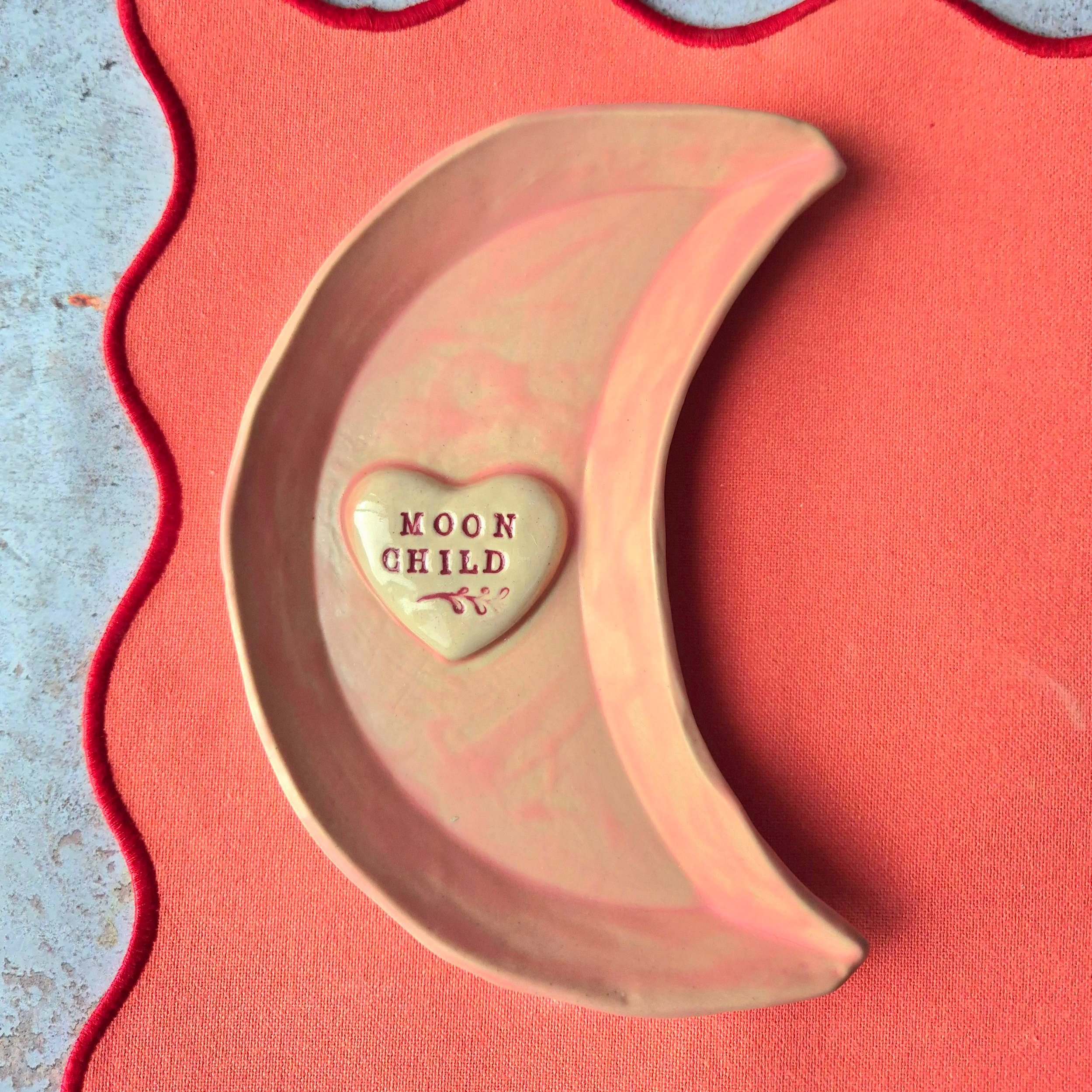 Ceramic jewellery moon dish with Moon Child motif, pink, ceramic gift, pottery gift, ceramic trinket tray, ceramic gift, Jenny Hopps Pottery