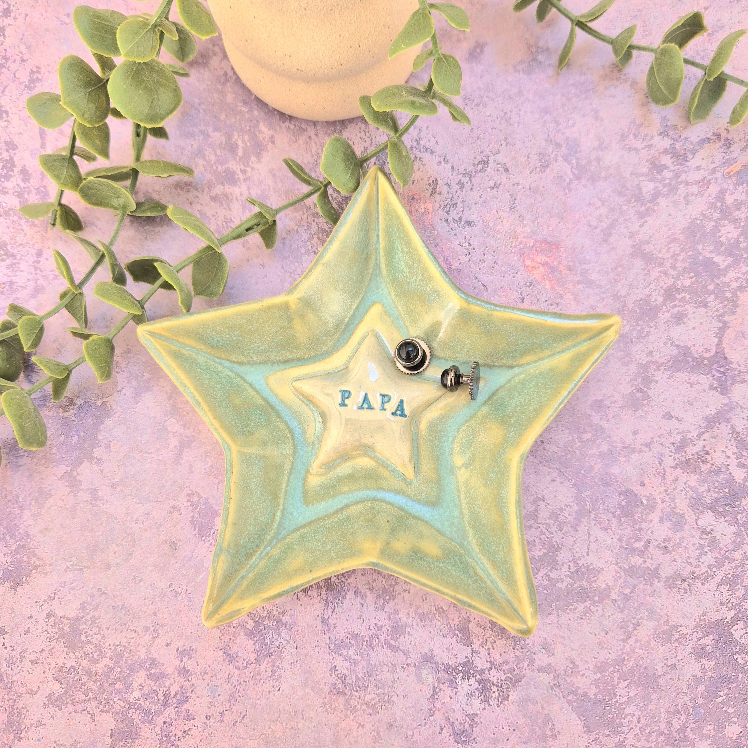 Papa ceramic star dish, star trinket dish, gift for dad, gift for papa, ceramic gift, pottery gift, green, turquoise, aqua, Jenny Hopps Pottery