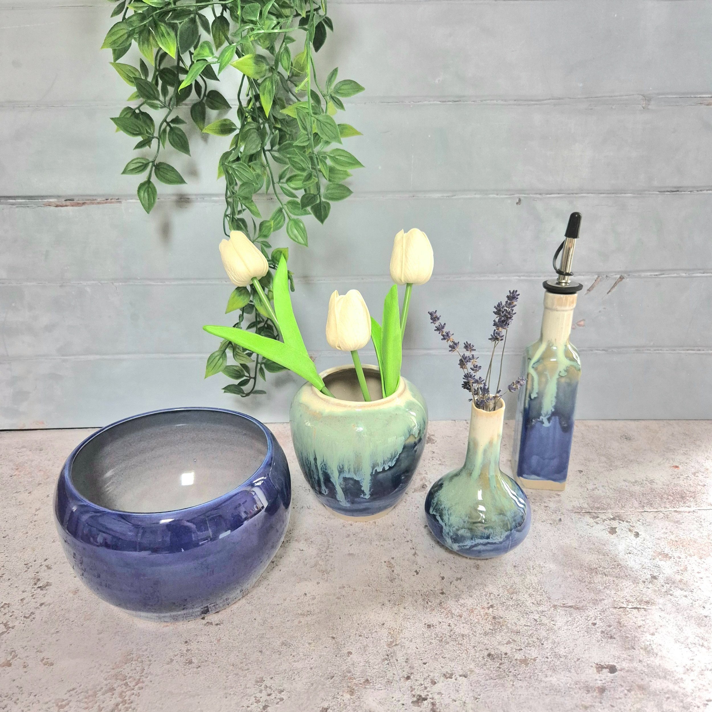 ceramic oil bottle, ceramic bottle, ceramic oil pourer bottle, handcrafted ceramic bottle, pottery bottle, Jenny Hopps Pottery, colourful homeware, ceramic gift