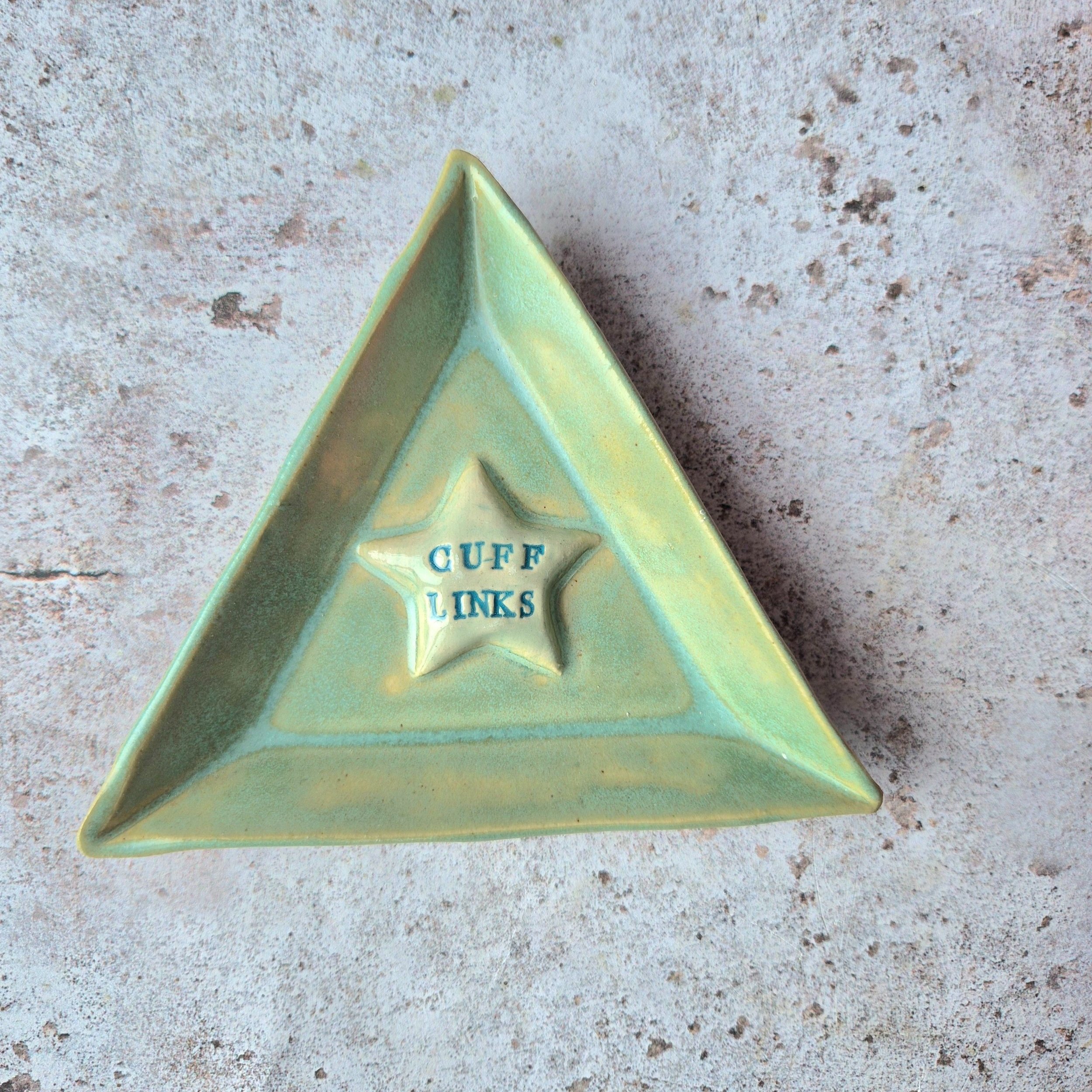 cufflink dish, trinket dish, triangle ceramic dish, aqua, green, turquoise, Ceramic gift, pottery gift, gift for him, gift for dad, gift for boyfriend, gift for husband, Jenny Hopps Pottery