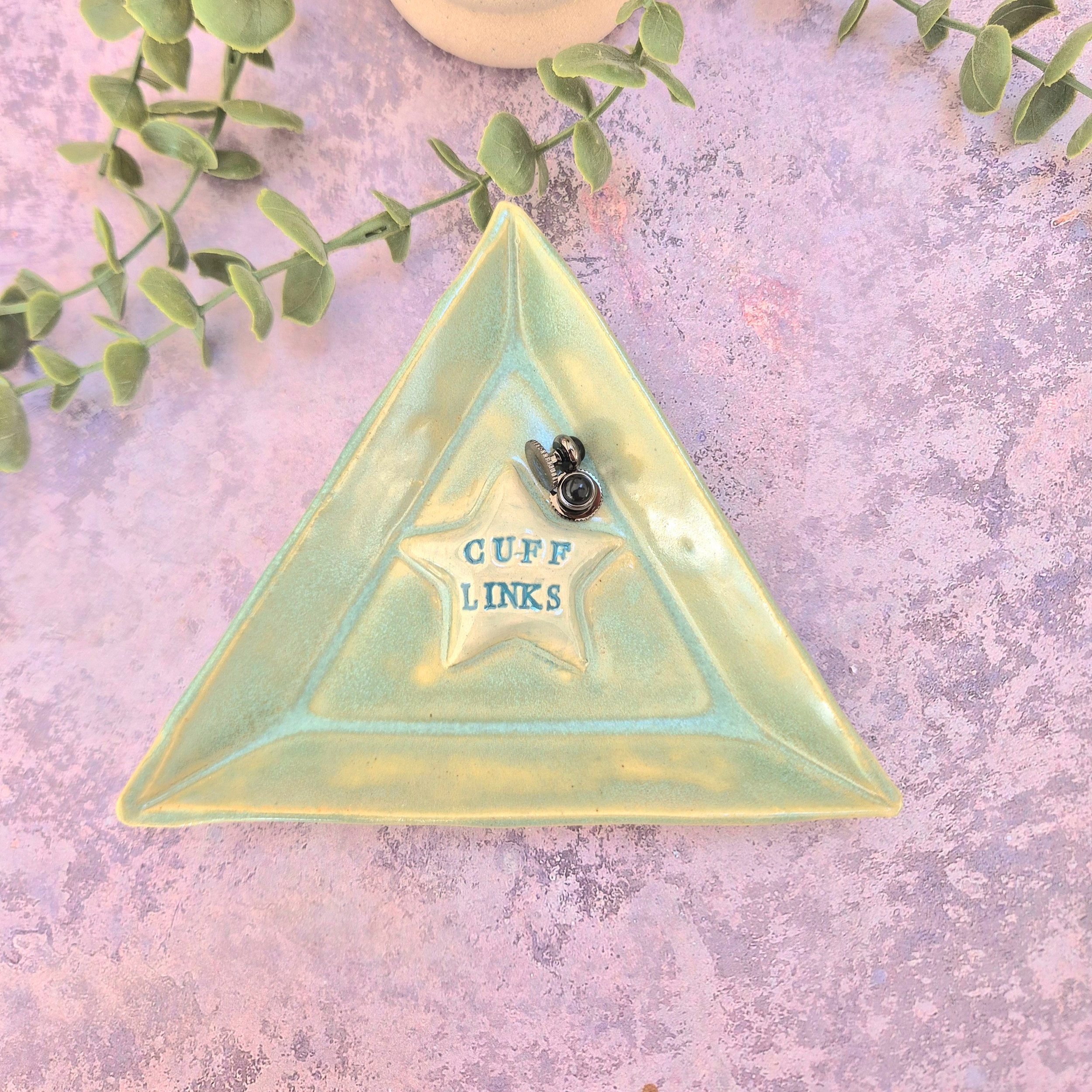 cufflink dish, trinket dish, triangle ceramic dish, aqua, green, turquoise, Ceramic gift, pottery gift, gift for him, gift for dad, gift for boyfriend, gift for husband, Jenny Hopps Pottery