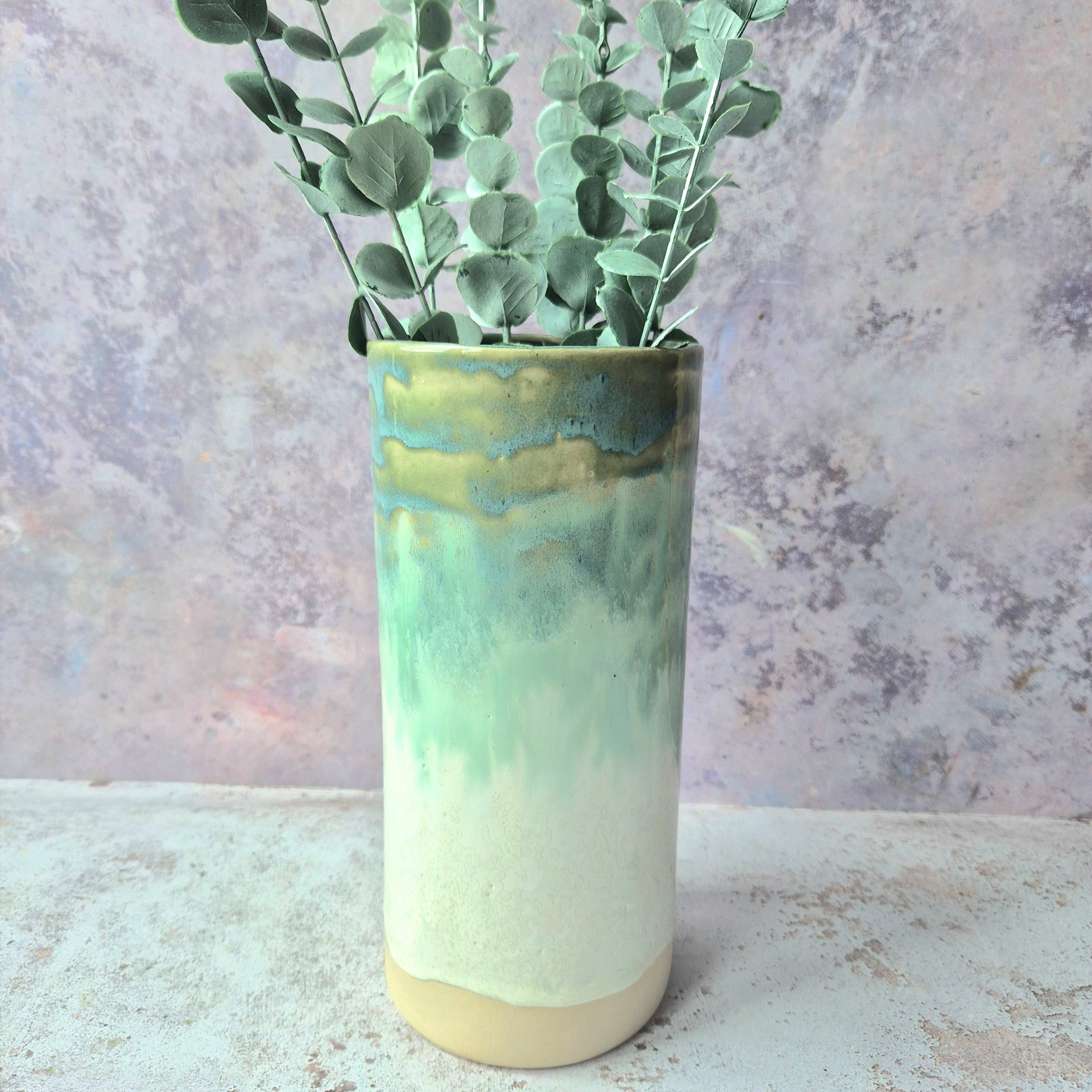 ceramic large tall flower vase, tall vase, pottery vase, green, blue and white vase, turquoise vase, Jenny Hopps Pottery, large vase, ceramic gift, gift for flower lovers, vase gift