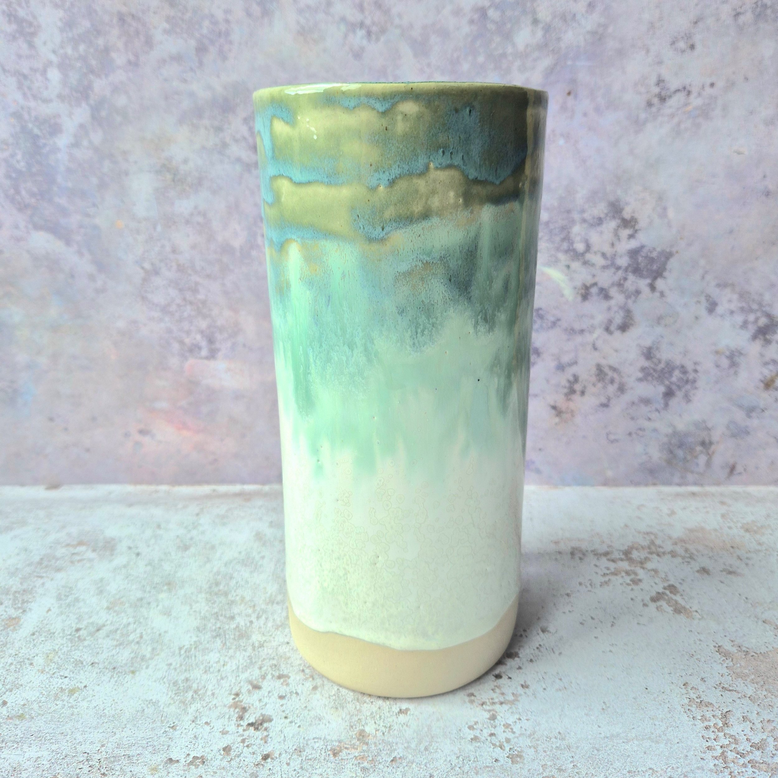 ceramic large tall flower vase, tall vase, pottery vase, green, blue and white vase, turquoise vase, Jenny Hopps Pottery, large vase, ceramic gift, gift for flower lovers, vase gift