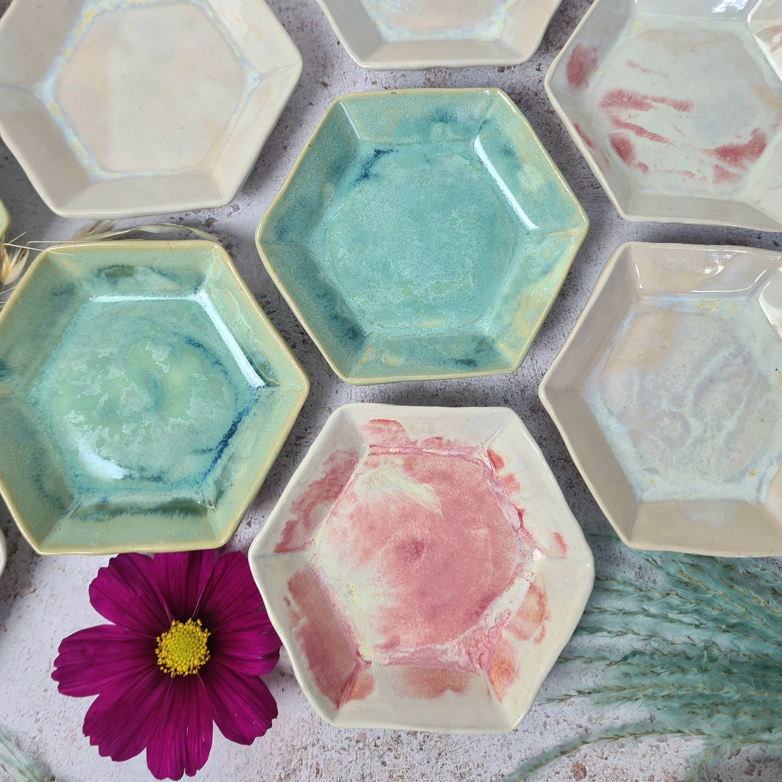 Aqua green trinket dish, hexagon green jewellery dish, ceramic jewellery dish, pottery jewellery dish, ceramic gift, Jenny Hopps Pottery, Colourful homeware, gifts for friends, gifts for daughter