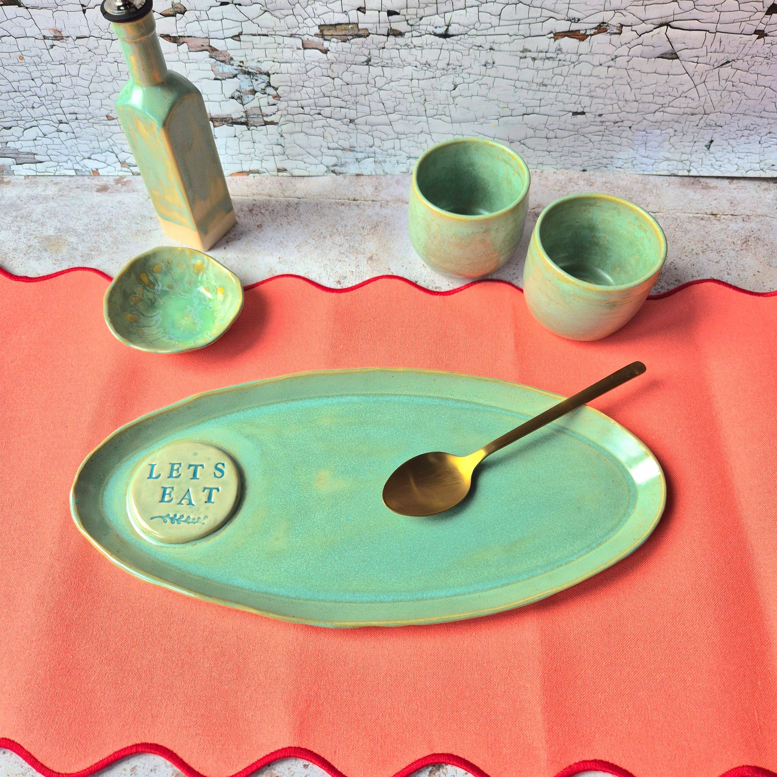 Large ceramic platter, decorative ceramic platter with lets eat motif, turquoise, green, aqua, Ceramic gift, pottery gift, serving platter, Jenny Hopps Pottery