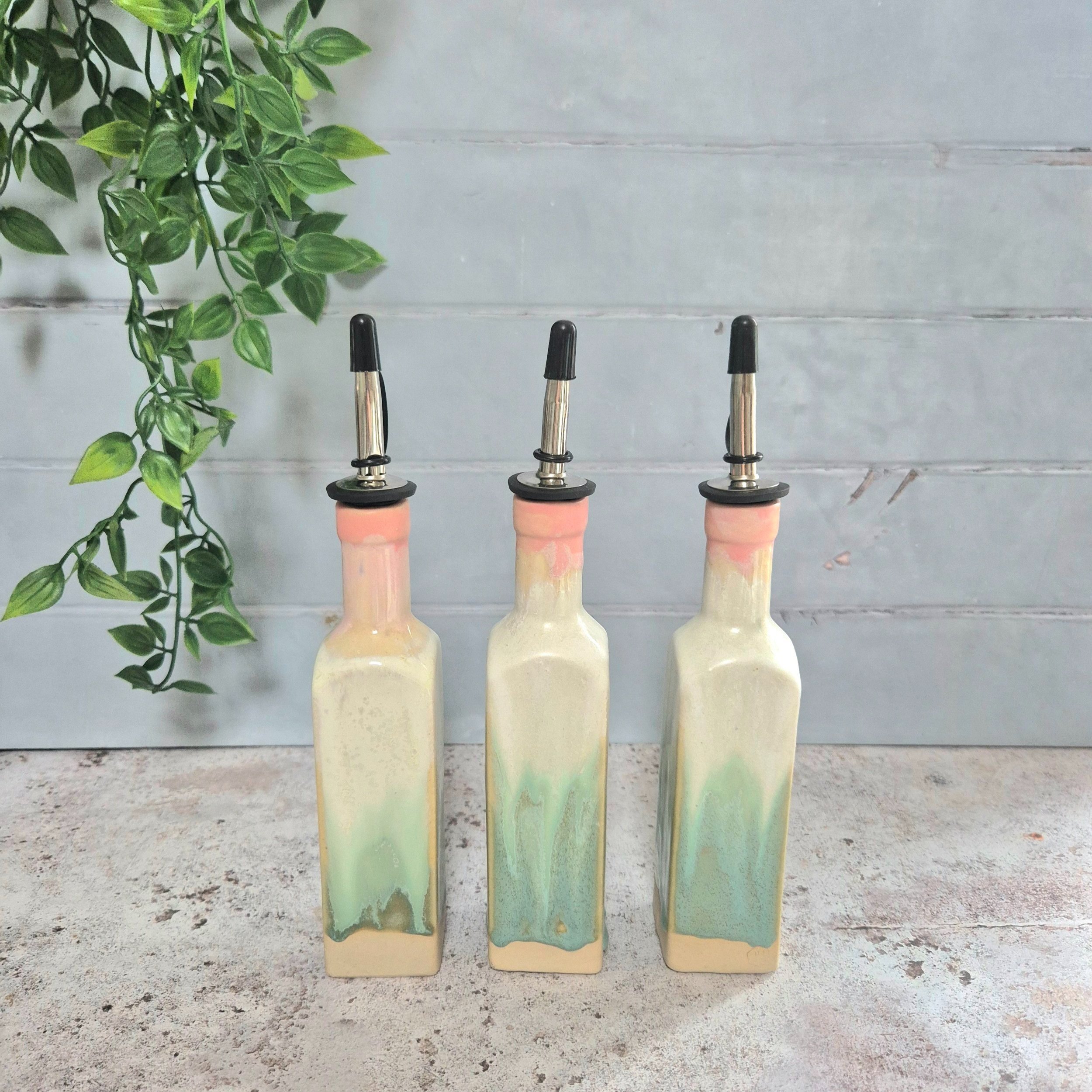 ceramic oil bottle, ceramic bottle, ceramic oil pourer bottle, handcrafted ceramic bottle, pottery bottle, Jenny Hopps Pottery, colourful homeware, ceramic gift