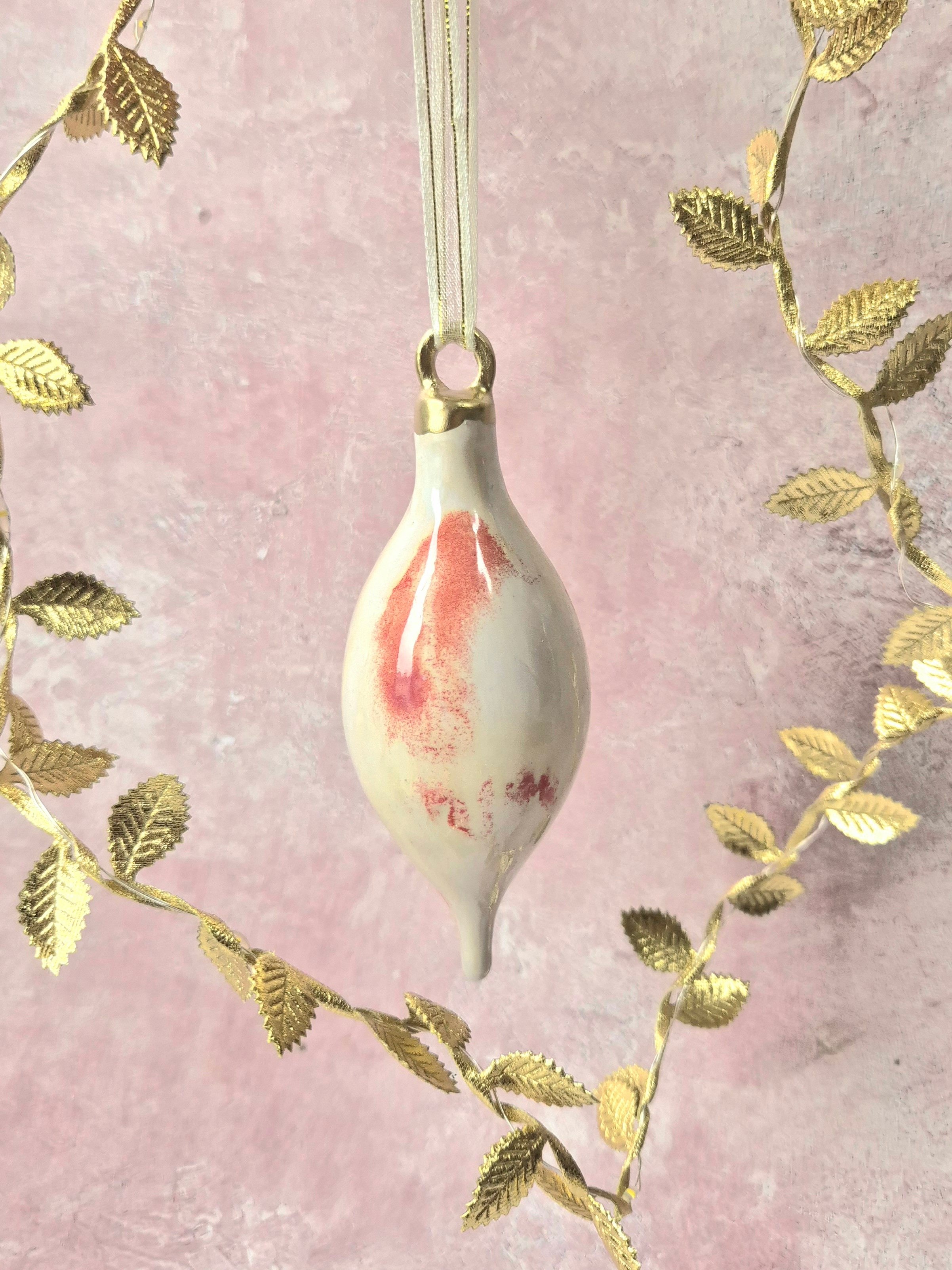 ceramic handcrafted christmas bauble decorations, christmas tree decorations, christmas decorations, Jenny Hopps Pottery, pink and cream