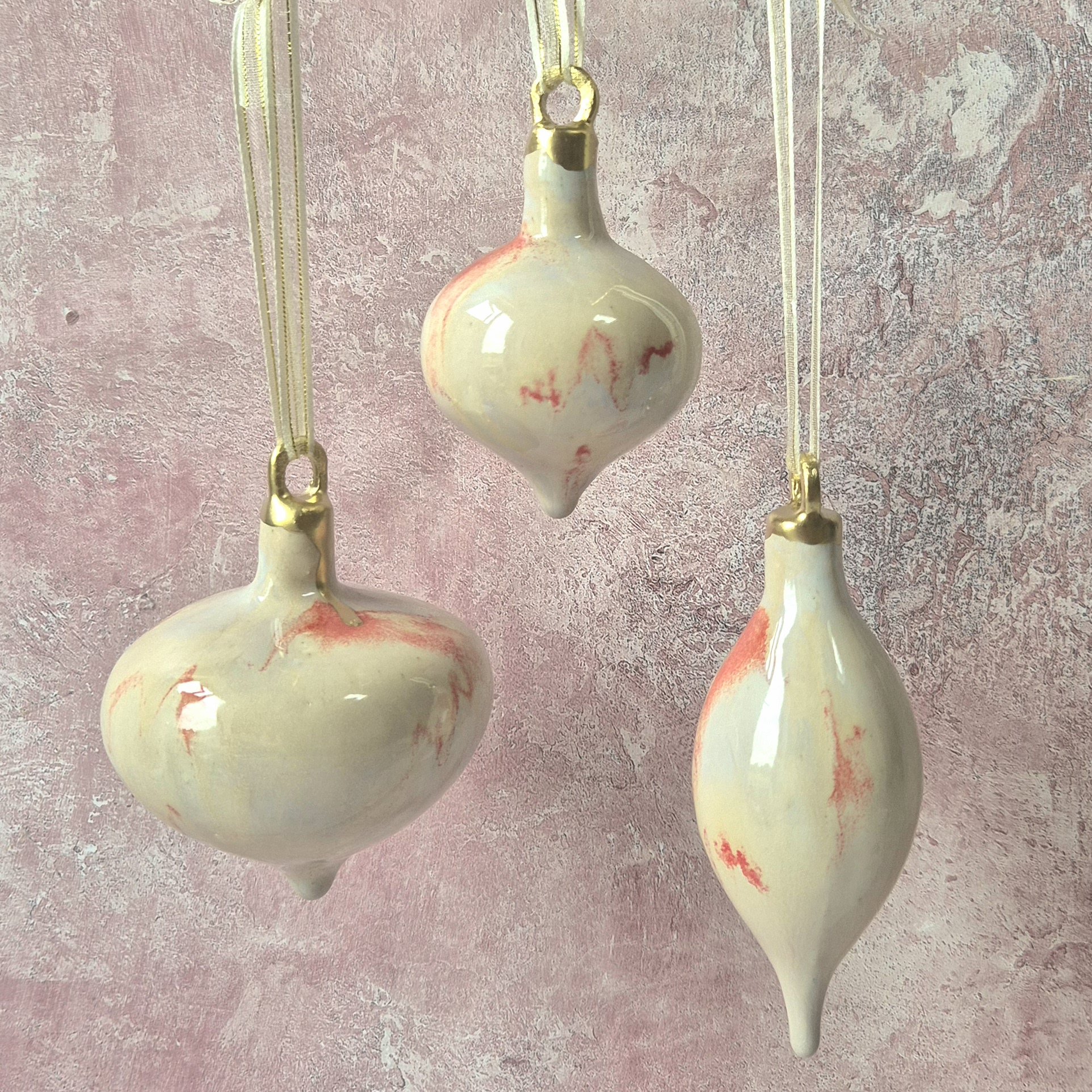 ceramic handcrafted christmas bauble decorations, christmas tree decorations, christmas decorations, Jenny Hopps Pottery, pink and cream