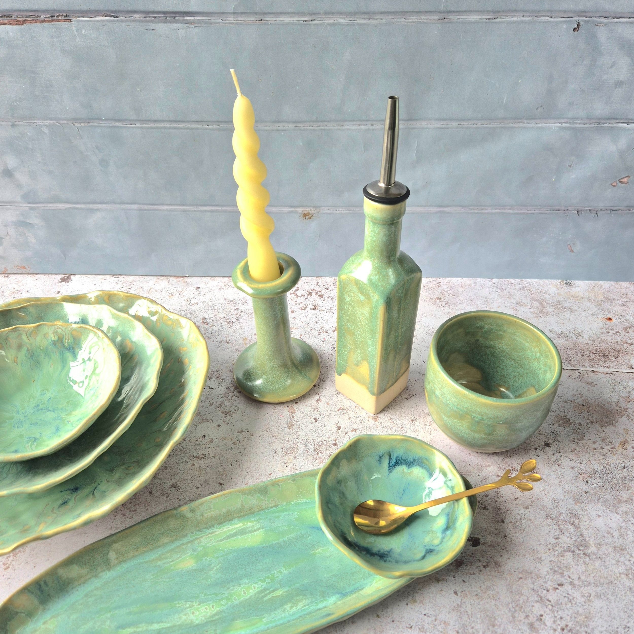 ceramic oil bottle, ceramic bottle, ceramic oil pourer bottle, handcrafted ceramic bottle, pottery bottle, Jenny Hopps Pottery, colourful homeware, ceramic gift, green