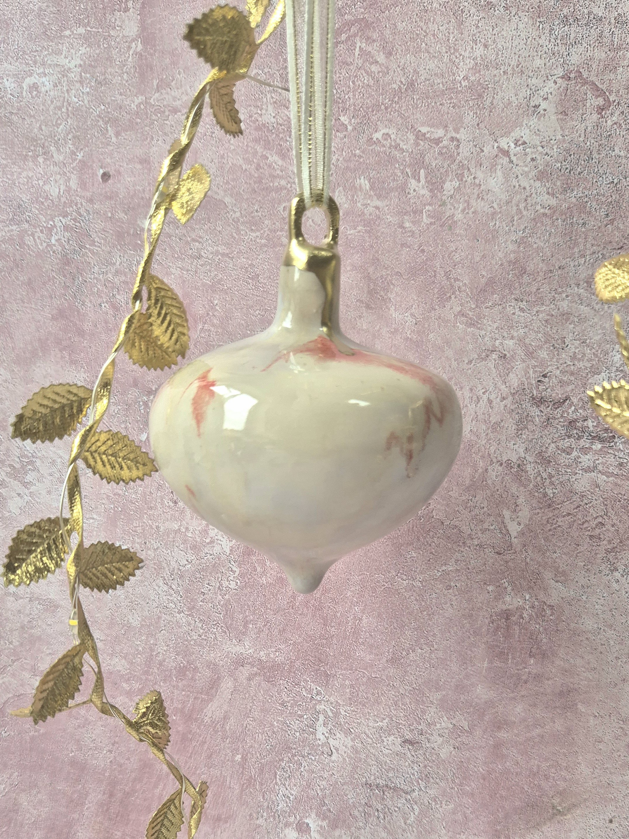 ceramic handcrafted christmas bauble decorations, christmas tree decorations, christmas decorations, Jenny Hopps Pottery, pink and cream