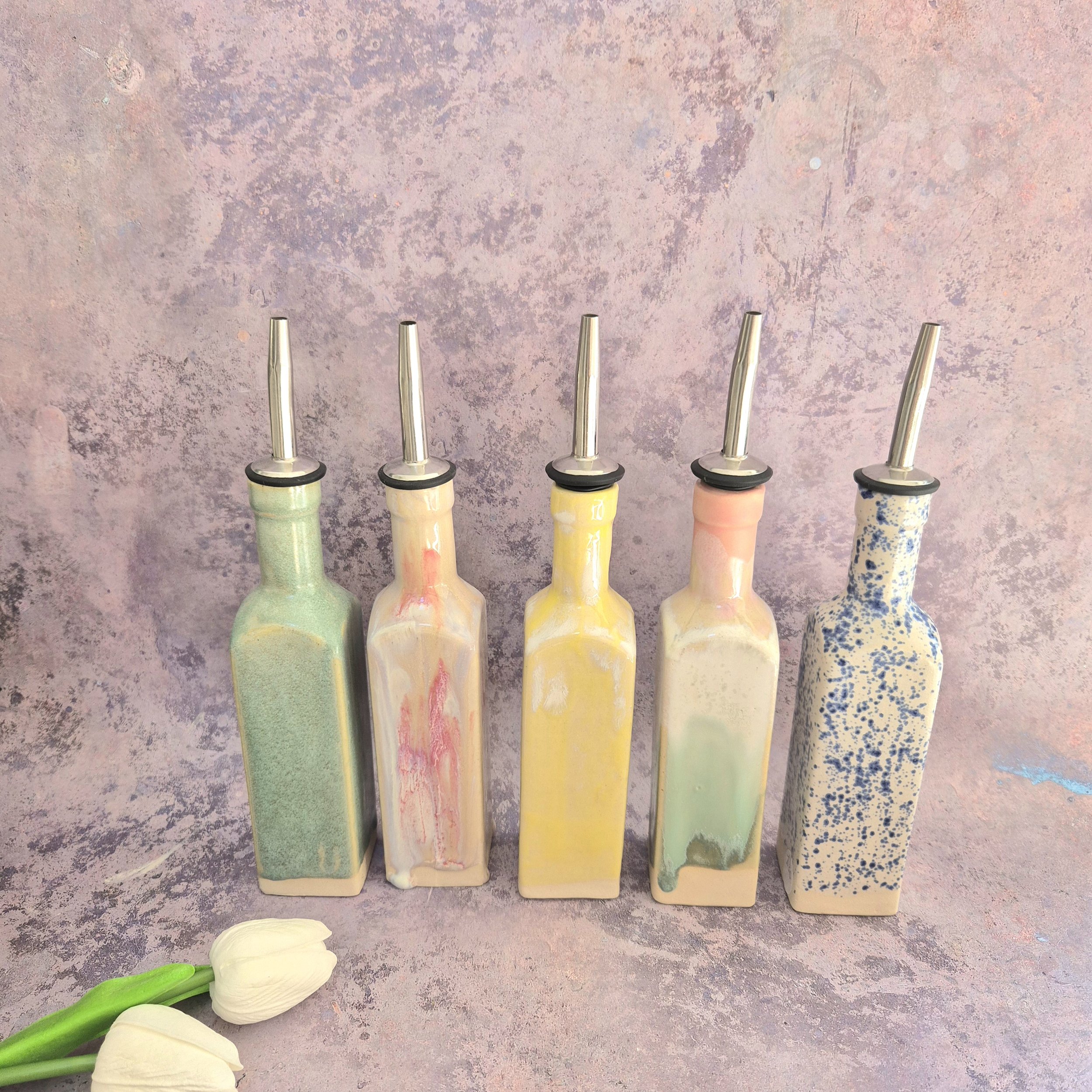 ceramic oil bottle, ceramic bottle, ceramic oil pourer bottle, handcrafted ceramic bottle, pottery bottle, Jenny Hopps Pottery, colourful homeware, ceramic gift
