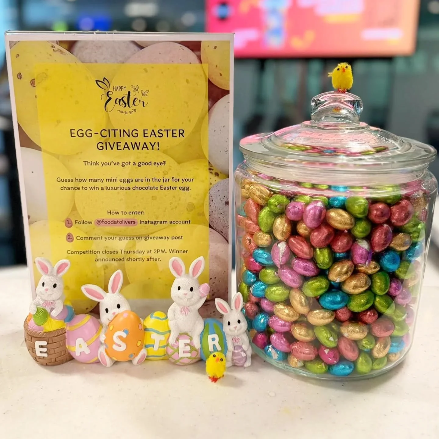 Egg-citing Easter Giveaway!

Think you&rsquo;ve got a good eye? Guess how many mini eggs are in the jar for your chance to win a luxurious chocolate Easter egg.

How to enter:
1️⃣ Follow our Instagram account
2️⃣ Comment your guess below 👇

💬 Multi