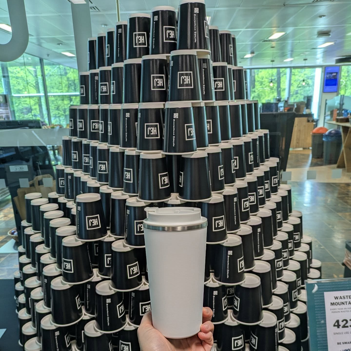 Our single-use cup &ldquo;waste mountain&rdquo; shows just how much waste one office worker can generate in a year. A powerful reminder that everyday choices really do add up.

By choosing a reusable cup, you&rsquo;re cutting waste and saving too wit