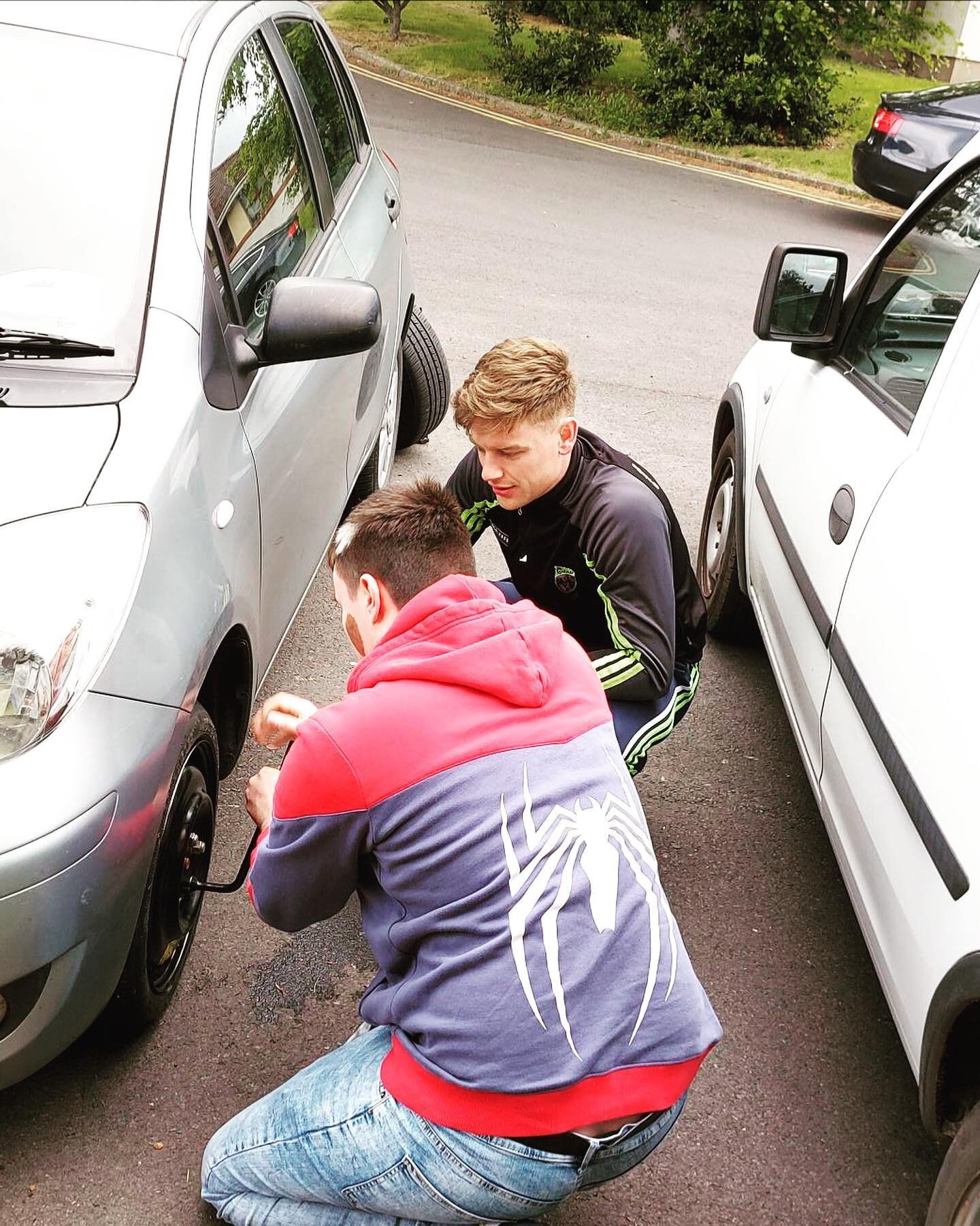 LCA student taking advantage of some incidental learning today in the form of changing a tyre! Thanks Josh for a) teaching Brandon a new life skill and b) fixing Lorraine&rsquo;s tyre!!