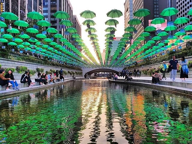 &quot;Cheonggyecheon is an 11 km long modern stream that runs through downtown Seoul. Created as part of an urban renewal project, the stream is now a popular cultural arts venue, and passes under a total of 22 bridges before flowing into the Han Riv