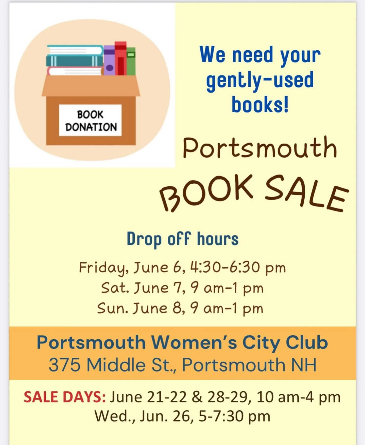 Our BIG Book Sale is quickly approaching! Clean out those bookshelves and donate to our sale! This event helps fund 3 scholarships! #gfwc #gfwcnh #portsmouthnh #greenlandnh #newcastlenh #ryenh #booksale #donatebooks