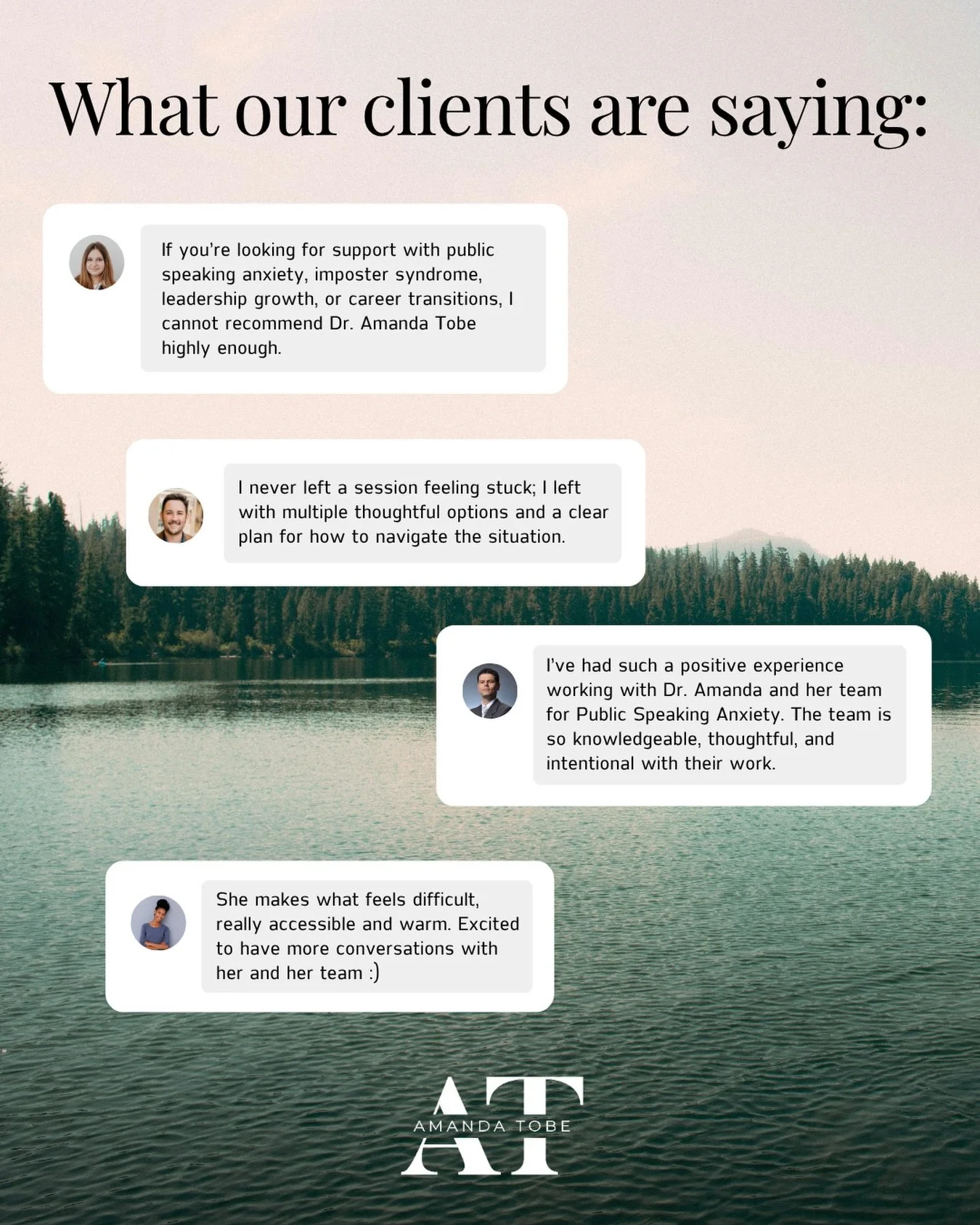 Sometimes the best way to understand what we do is to hear from the people we&rsquo;ve worked with. 🤍

Clients come to Amanda Tobe &amp; Associates for many different reasons... public speaking anxiety, career transitions, imposter syndrome, leaders
