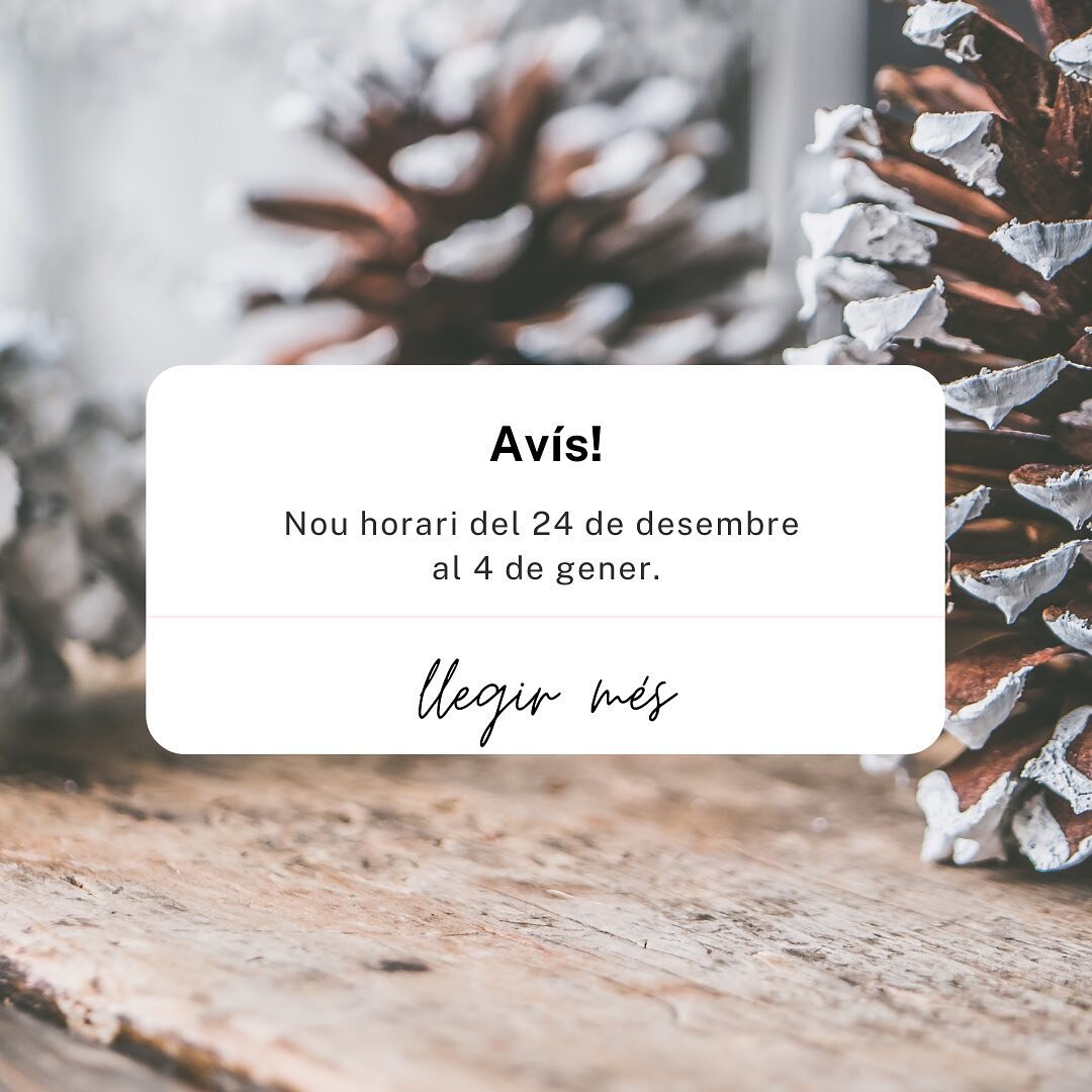 Nou horari per Nadal! 🎄
Del 24 de desembre al 4 de gener adaptem el nostre horari segons necessitats.
- El 24 de desembre OBERT botiga, oficina i magatzem : 9:30h a 13h 
- El 25 de desembre TANCAT
- Del 28 al 31 de desembre TANCAT BOTIGA; OBERT OFIC