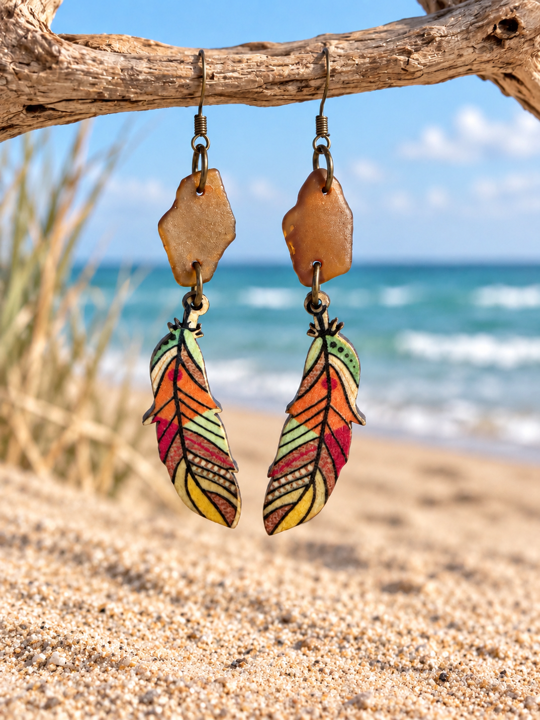 Beach Glass & Feather Dangle Earrings