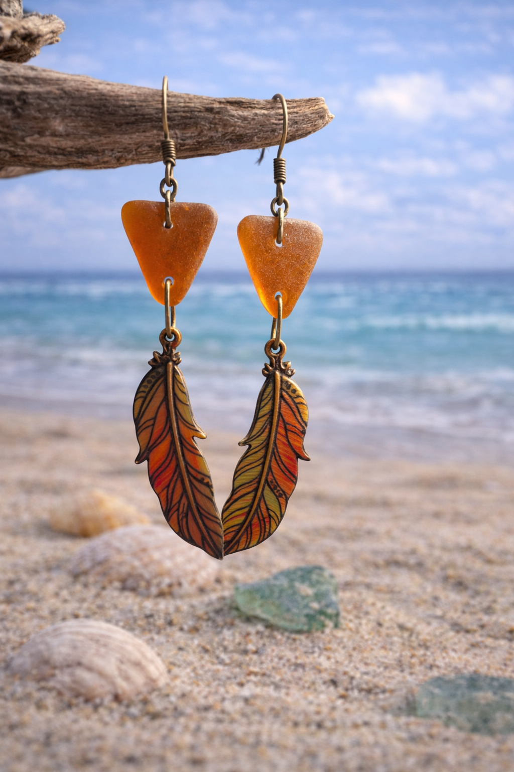 Beach Glass & Feather Dangle Earrings