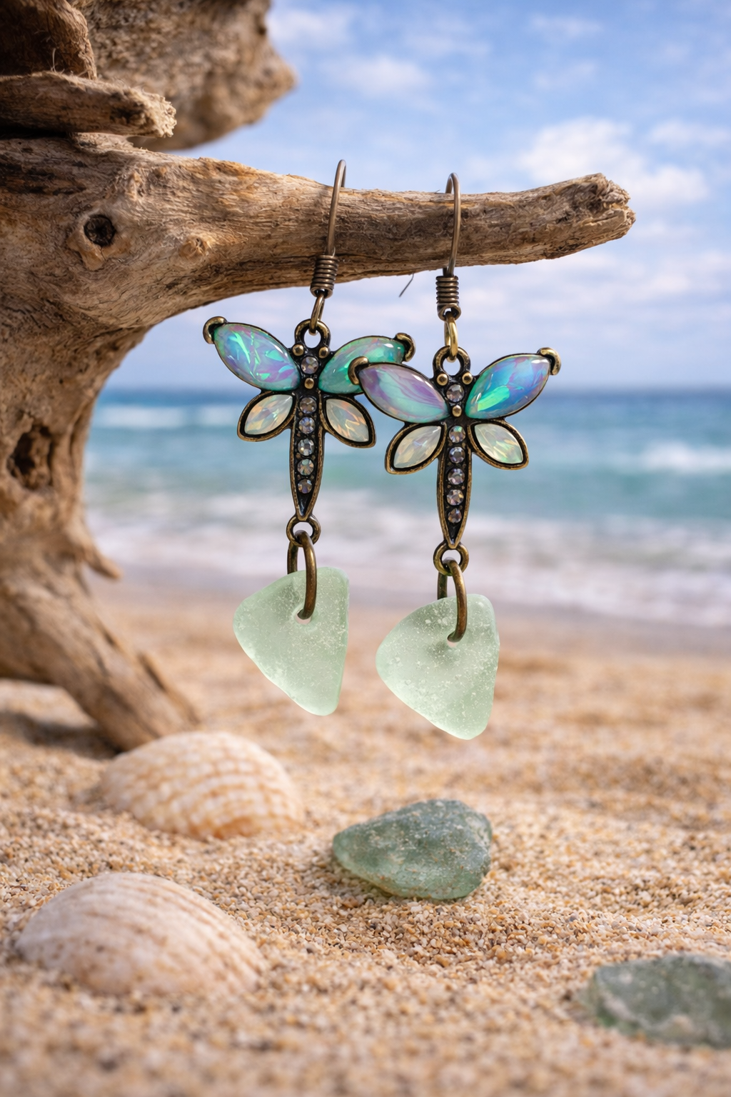 Aqua Dragonfly Beach Glass Earrings