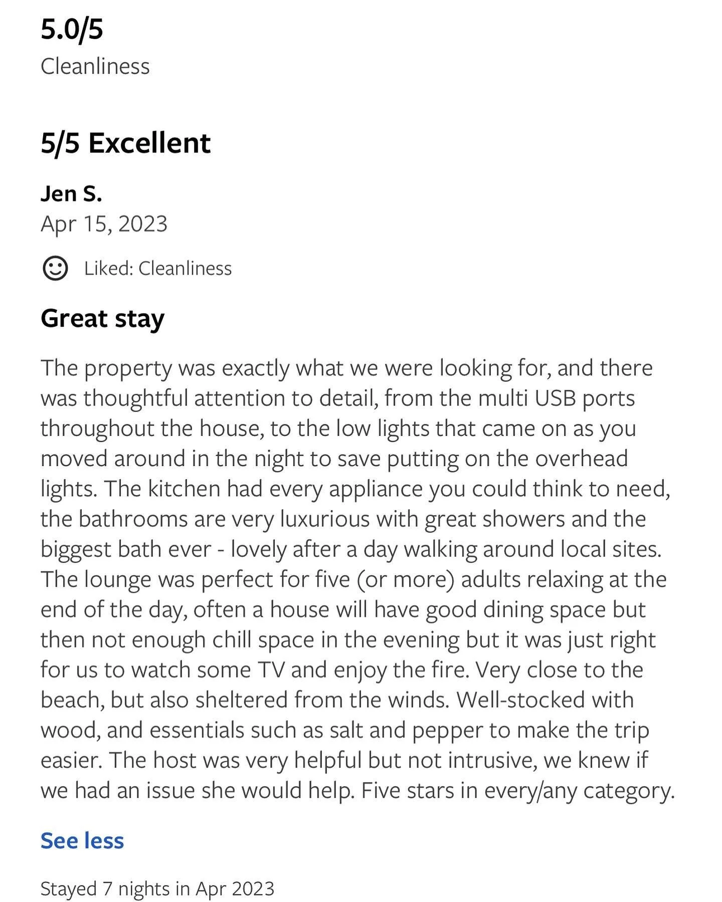 A lovely review from last weeks guests at The Hideaway 🤩  5.0/5 Cleanliness
5/5 Excellent
Apr 15, 2023
Liked: Cleanliness
Great stay
The property was exactly what we were looking for, and there was thoughtful attention to detail, from the multi USB 