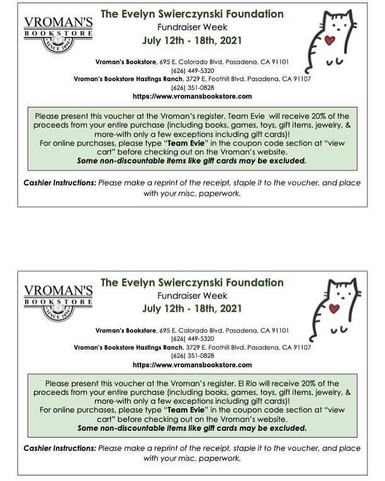 Hello Friends - Tomorrow - July 12th - marks the first day of our #TeamEvie Birthday Fundraiser at Vroman's Bookstore in Pasadena.  This fundraiser is both in-store and online and our foundation will earn 20% from every sale made using the coupon vou
