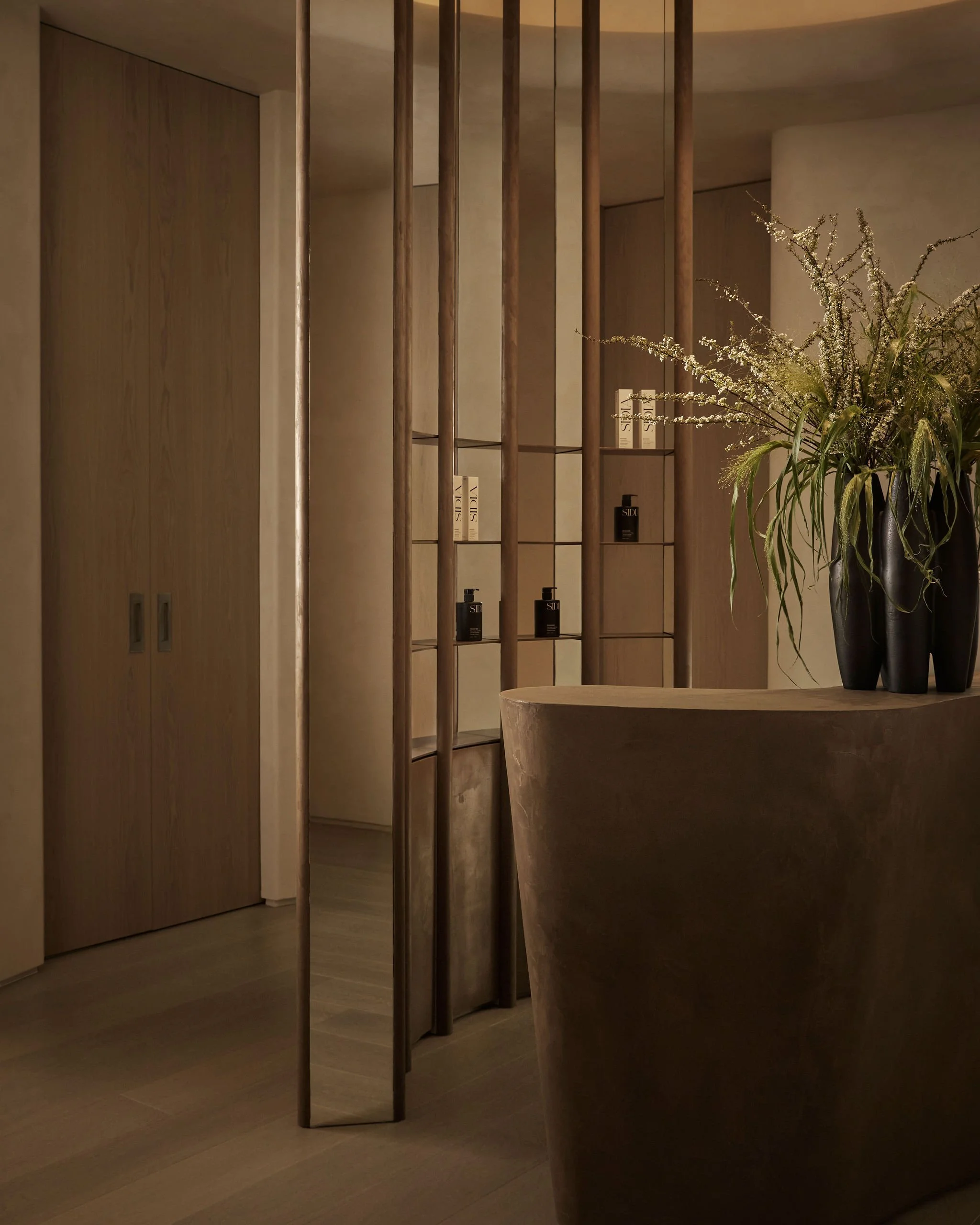 Modern minimalist clinic reception area featuring a sculptural curved desk, warm limewash plaster walls, a mirrored wood room divider with retail displays, and a recessed ceiling with ambient lighting