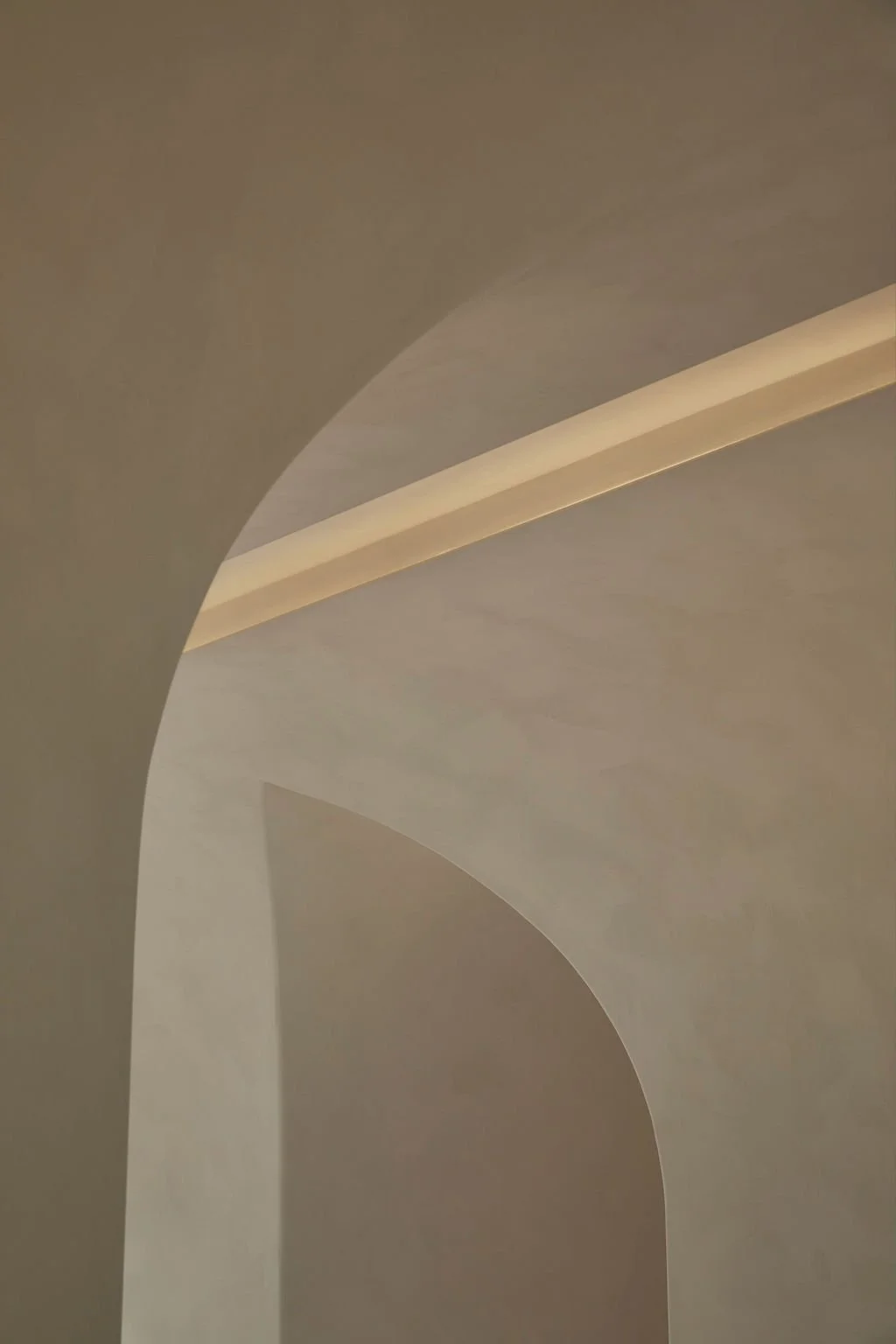 A close-up architectural detail of a curved, hand-troweled plaster ceiling cutout catching soft natural light in a bespoke hospitality interior