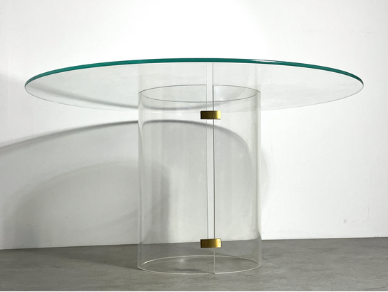 Mid Century Modern Lucite Brass Glass Round Pedestal Dining Table The ...