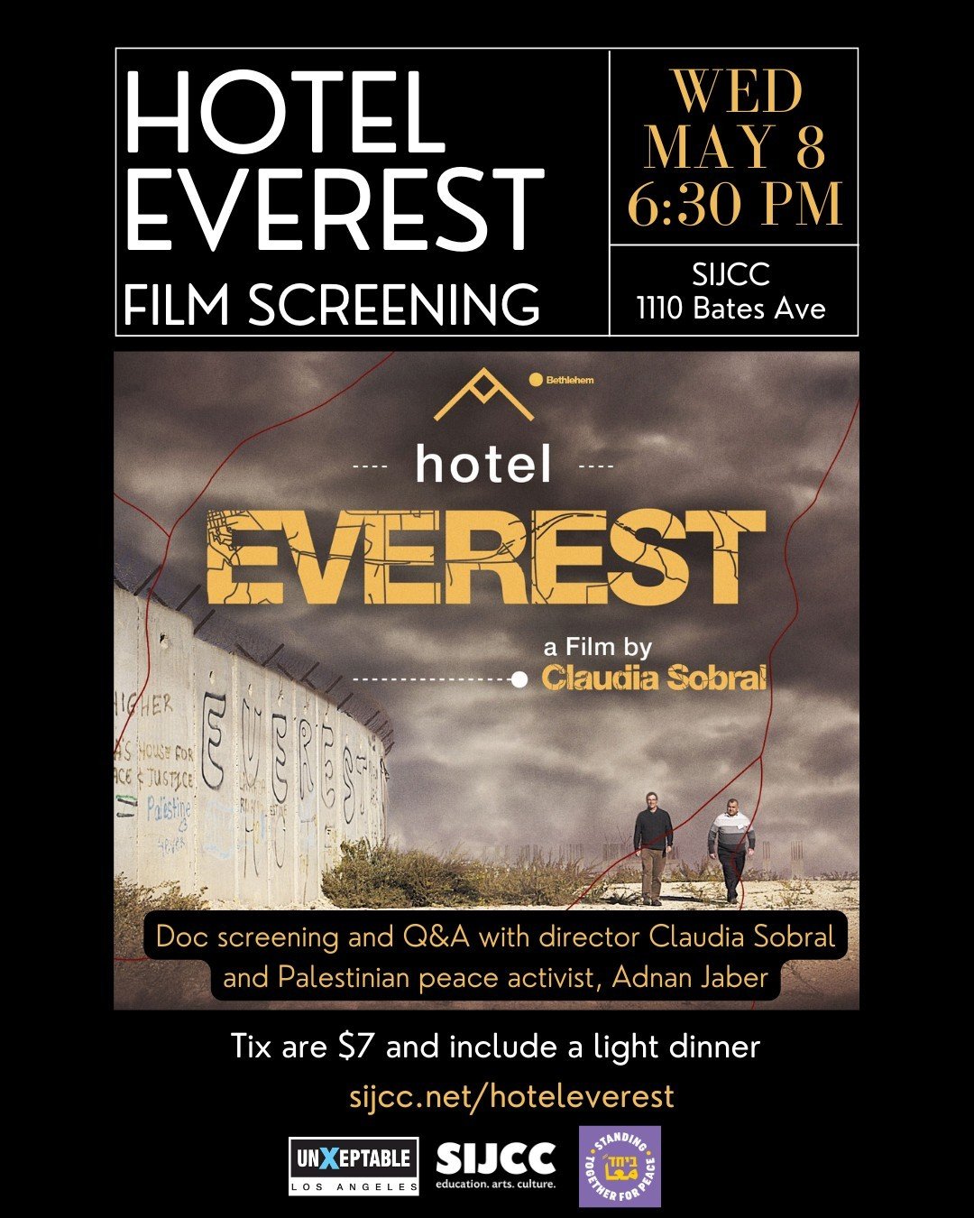 Join us on Wed, May 8th for a doc screening and discussion of the 2017 documentary &quot;Hotel Everest&quot;.⁠
⁠
Hotel Everest is a 2017 documentary about courageous Israelis and Palestinians who came together at the Hotel Everest in 2014, a safe hav
