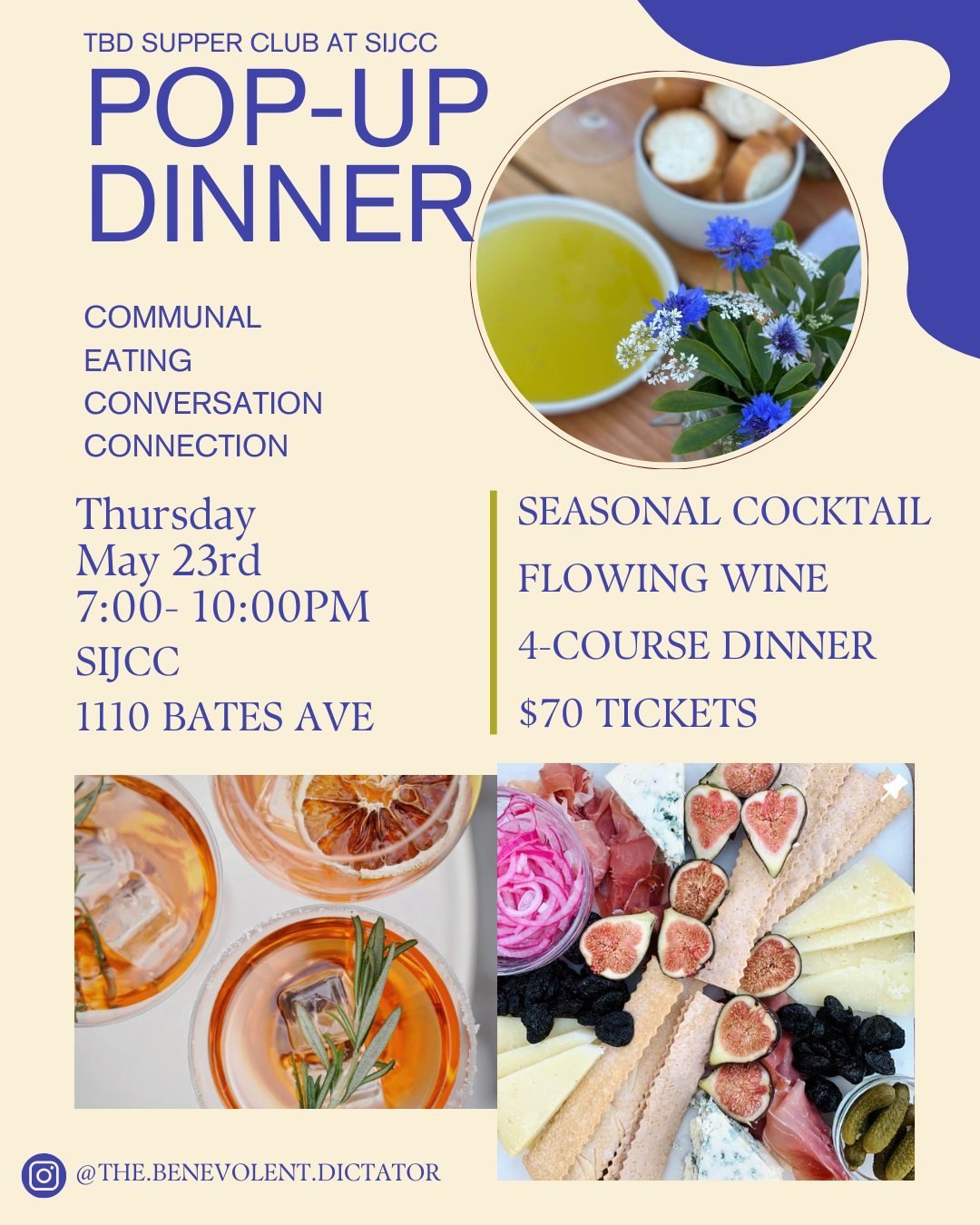 An evening of communal eating, conversation, and connection await you on Thursday May 23, in the SIJCC courtyard. ⁠
⁠
@the.benevolent.dictator (aka tbd) is a marriage of two great passions: feeding people and telling them stories. This supper club is
