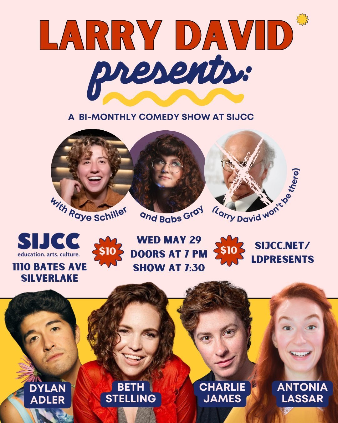 Comedy night returns to our breezy beautiful courtyard!⁠
⁠
Hosts @Rayeschiller and @Babs_Gray bring some of the best comedians in LA to the SIJCC stage.⁠
⁠
This month's lineup is NO JOKE!!! (sorry)⁠
with⁠
Dylan Adler⁠ @dylanadler_⁠
Beth Stelling⁠ @be