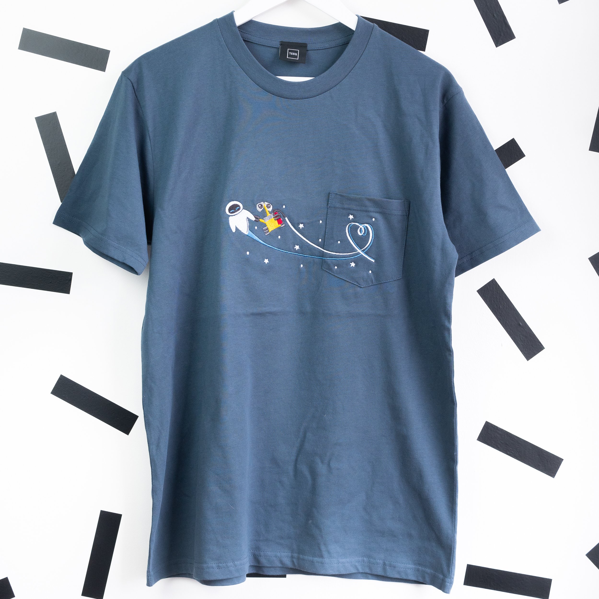Wall-e & Eve Embroidered Navy Pocket T-Shirt - Teeq