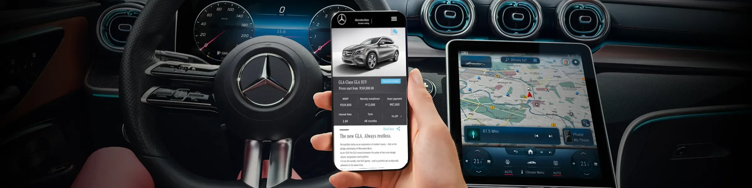 Interior of a Mercedes-Benz vehicle with a digital dashboard, a steering wheel with the Mercedes logo, a smartphone displaying a car listing, and a tablet showing a navigation map and media controls.