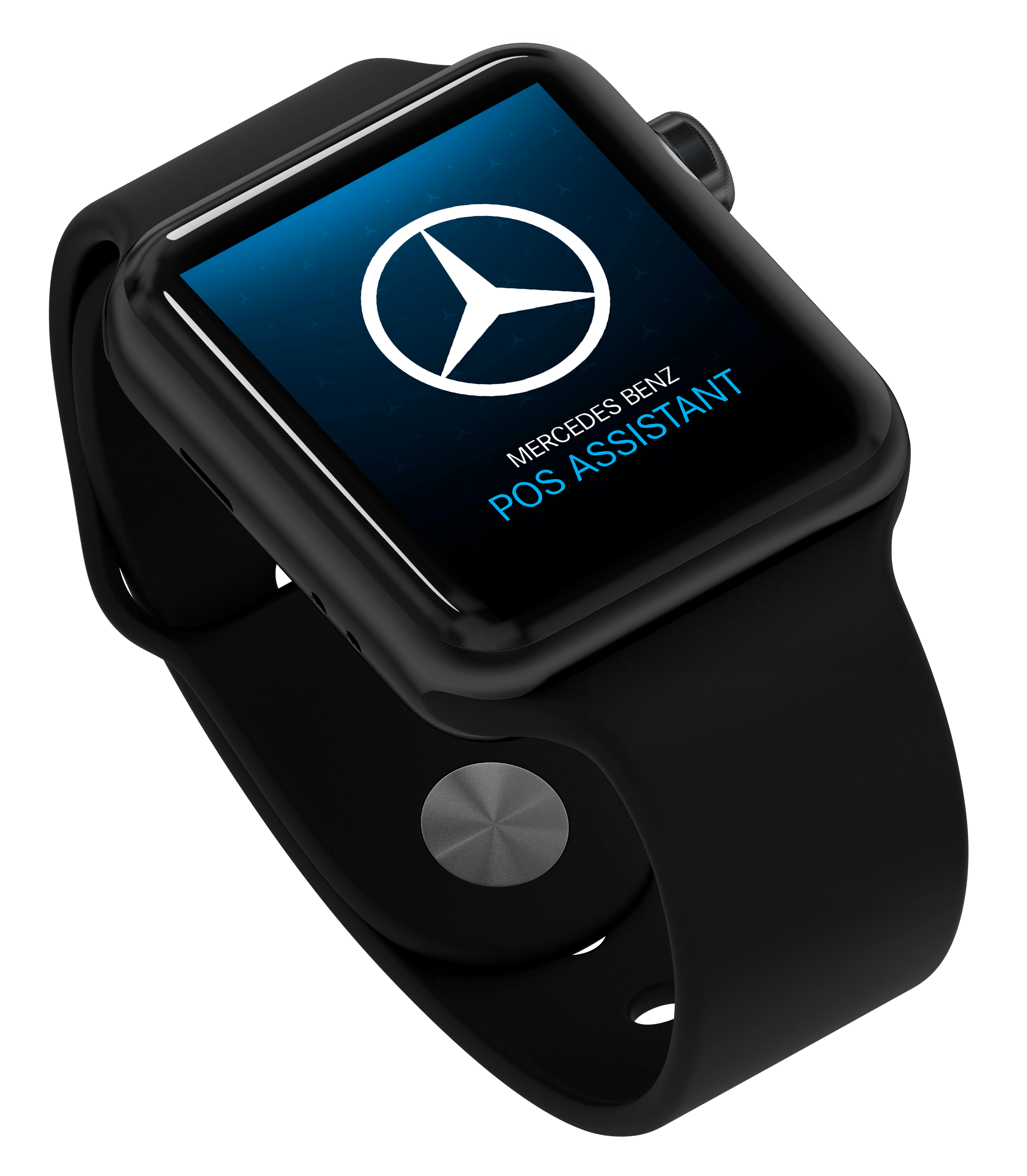 Smartwatch displaying Mercedes Benz logo and text 'POS ASSISTANT' on its screen.
