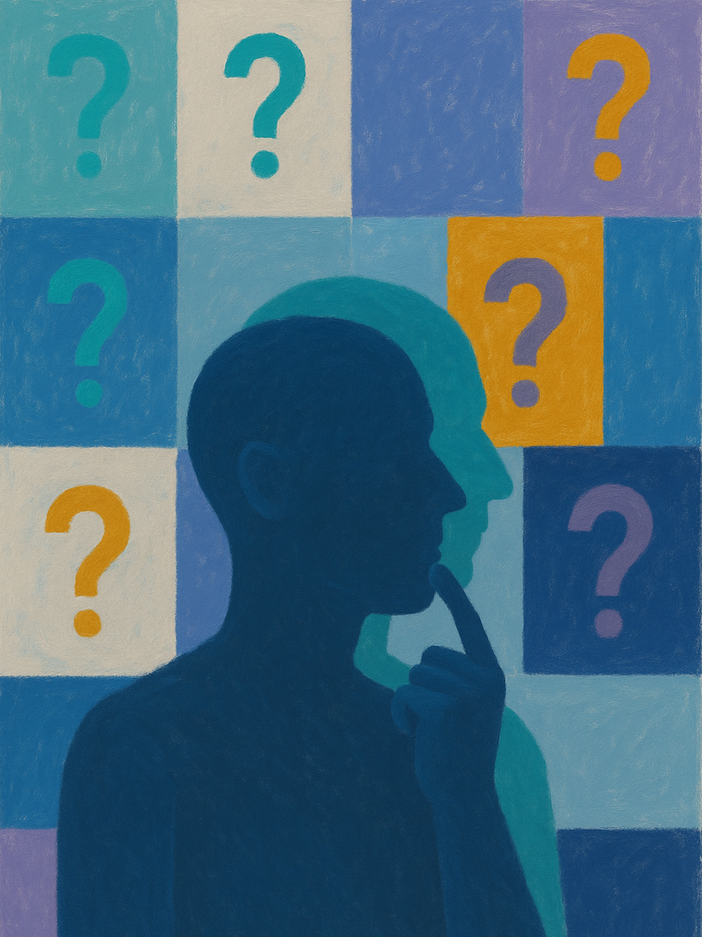 colored squares with two people outlined surrounded by question marks