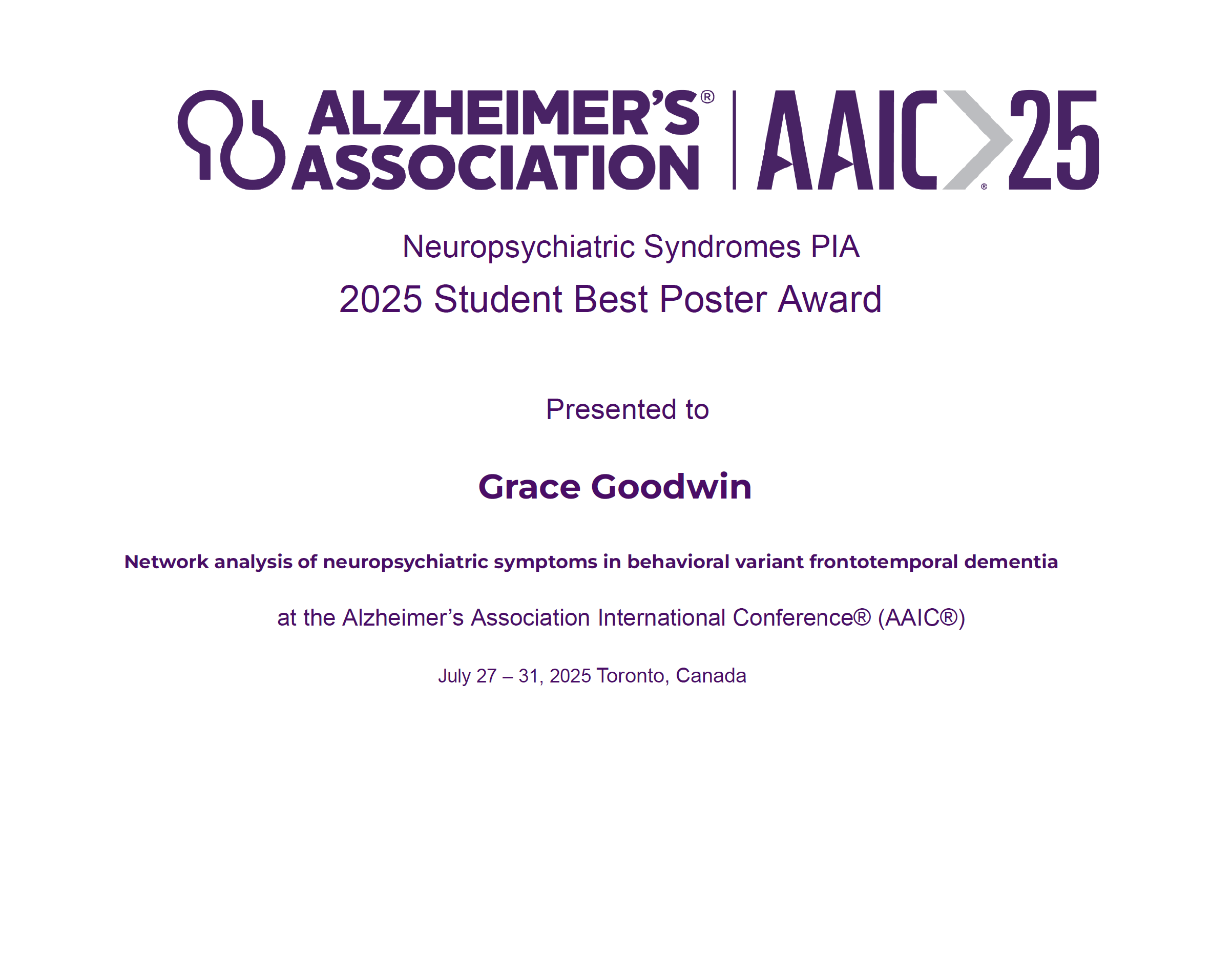 Certificate from AAIC 25 to Grace