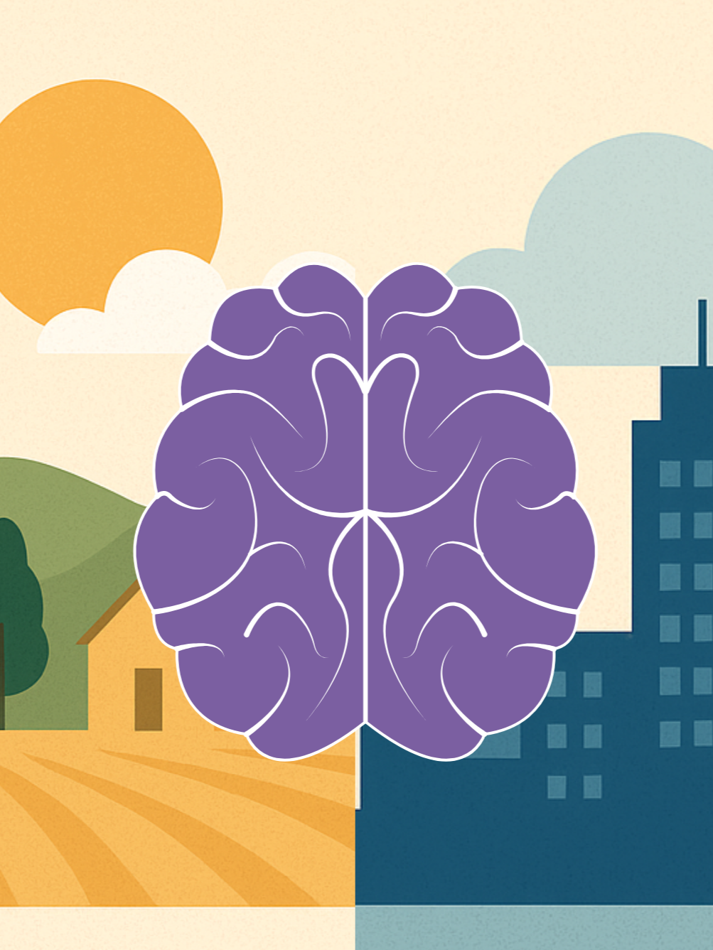 purple brain overlays a farm on the left and a cityscape on the right
