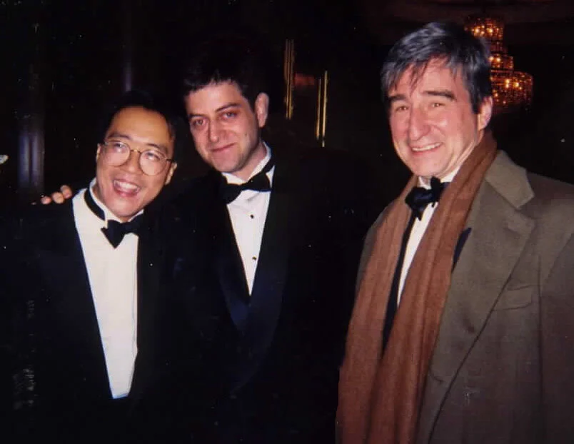 Backstage at Carnegie Hall, the composer flanked by Yo-Yo Ma (left) and Sam Waterston.