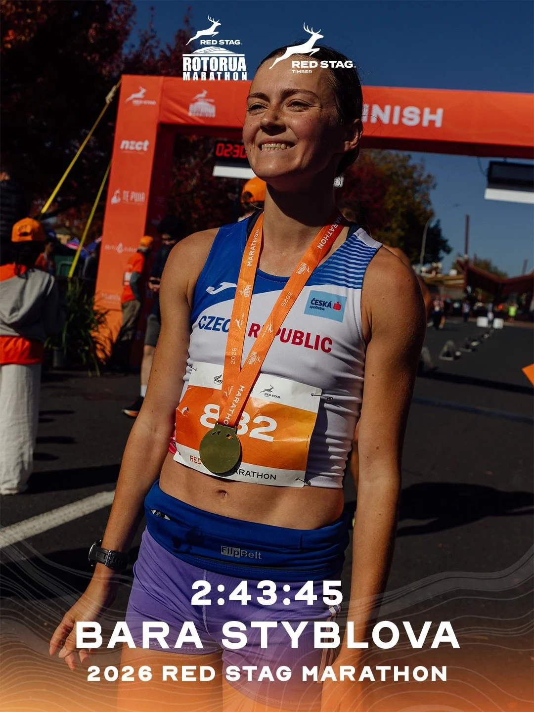 Here she is @bara.styblova your 2026 Red Stag Rotorua Marathon women&rsquo;s winner 🥇 

Flying home in her debut lap of the lake in 2:43:45s! Alice Mason finished in second in 2:49:17, and Kate MacDonald in third with 3:04:17 🔥 

#rotoruamarathon