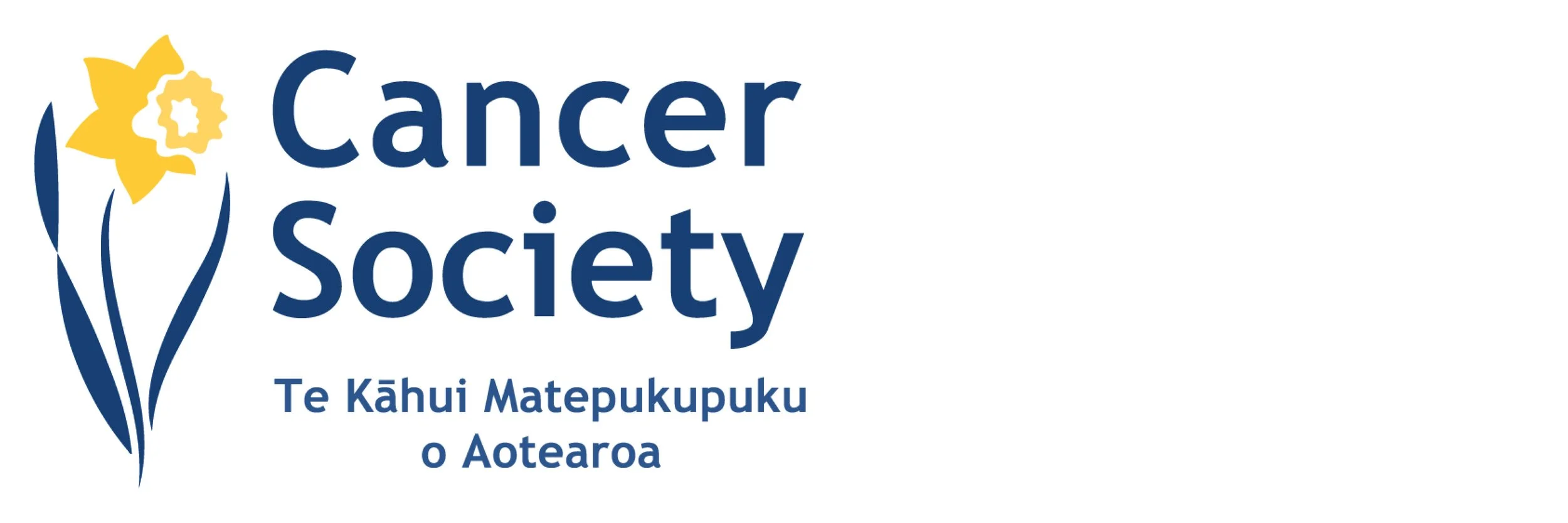 Logo of Cancer Society featuring a yellow and white flower with blue stems, with text in English and Māori.